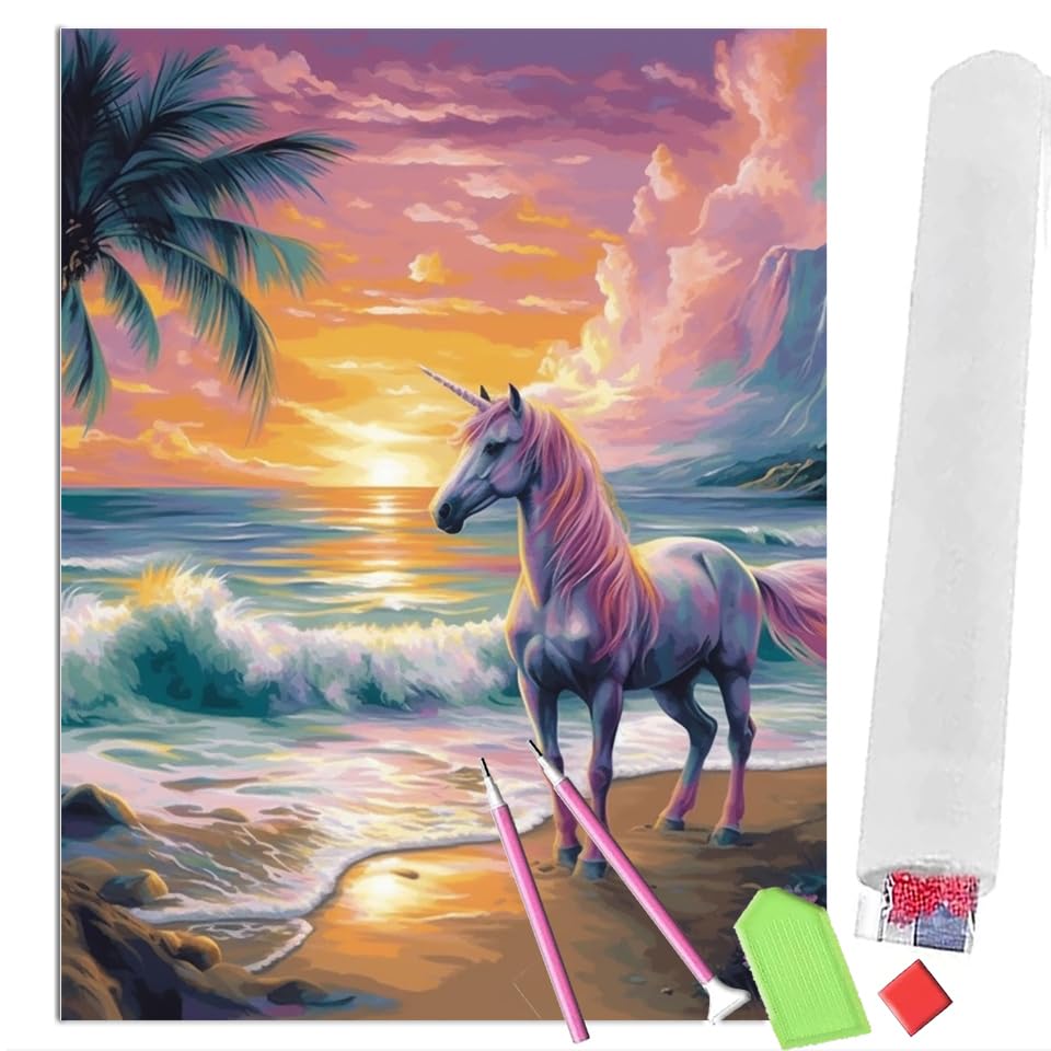 5D Diamond Art Painting Kits Unicorn with Wings Seaside Sunset (3) Round Full Drill Art Diamond Painting kit DIY Diamond Painting Suitable for Home Adults Rooms Wall Decorating-30x40 OfFsum