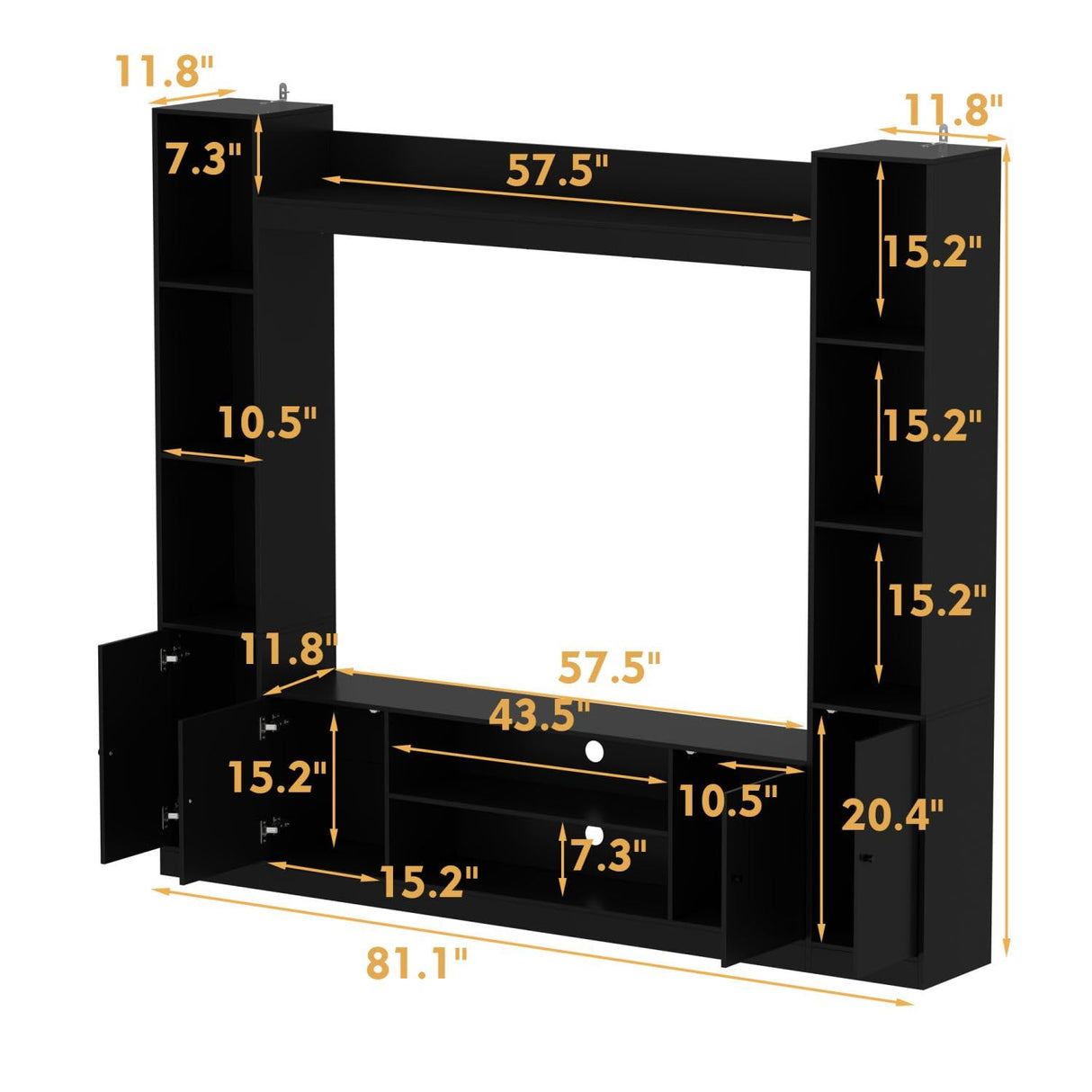 TAMUNE Entertainment Center with Bookshelves Modern Media Center with Open Shelves & Bridge TV Wall Unit with Doors, for Living Room Black (81.1”W x 11.8”D x 70.9”H) TAMUNE