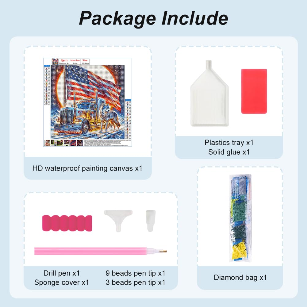 AMORARS 5D Diamond Painting Kit for Adults, American Flag Truck Diamond Art Beginners -Wolf Round Full Diamond Dot Gem Art Paintings, Suitable Gifts, and Home Decoration Crafts, 12x12Inch AMORARS