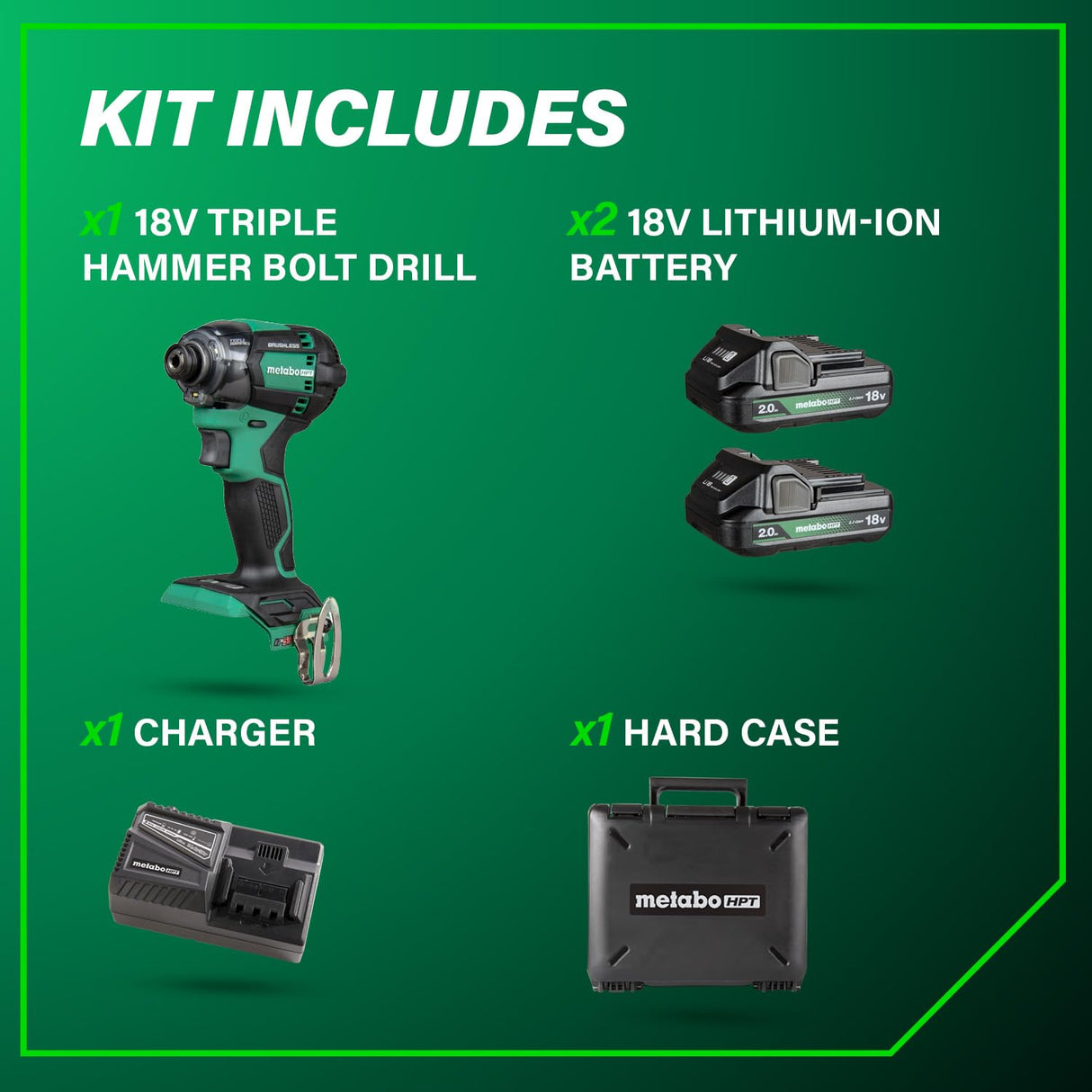 Metabo HPT 18V MultiVolt Cordless Triple Hammer BOLT Impact Driver Set, Power Impact Driver Kit with Case, 2 Lithium-Ion Batteries and Charger, 1/4-Inch Chuck, Compact LightWeight Power Tool, WH18DC Metabo HPT