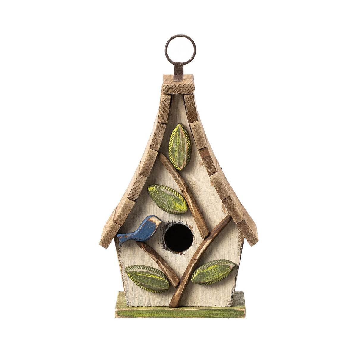 Glitzhome 9.5" H Hanging Bird House Distressed Solid Wood Decorative Outdoor Garden Birdhouse with Natural Wood Pallet Roof and 3D Tree,Washed White Glitzhome