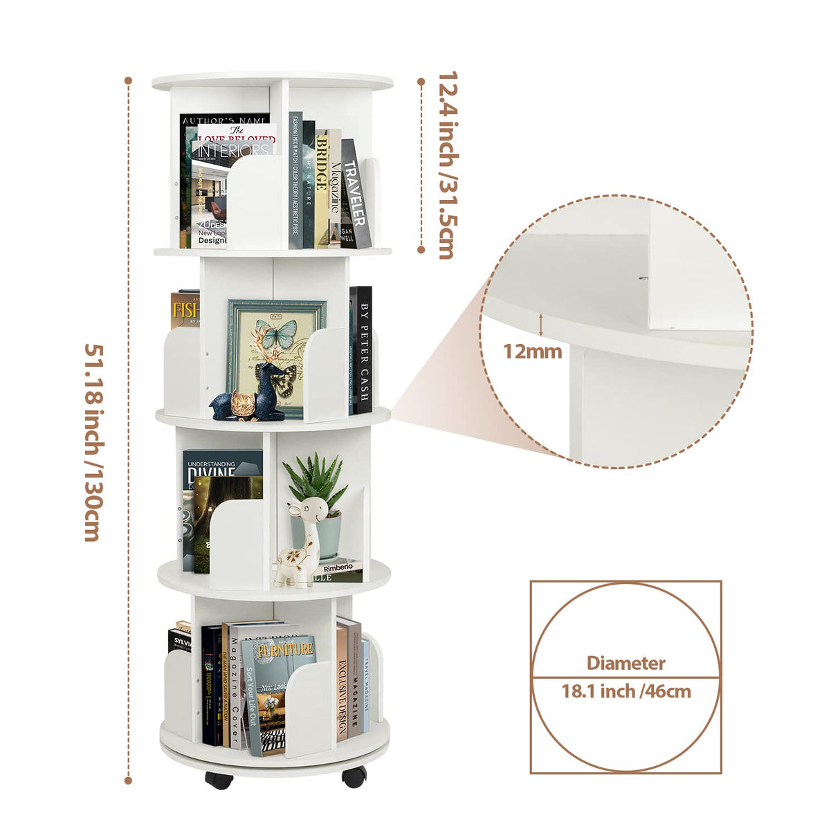 ybaymy 4-Tier 360° Revolving Bookshelf with Wheels - Modern White Floor Display Bookcase ybaymy