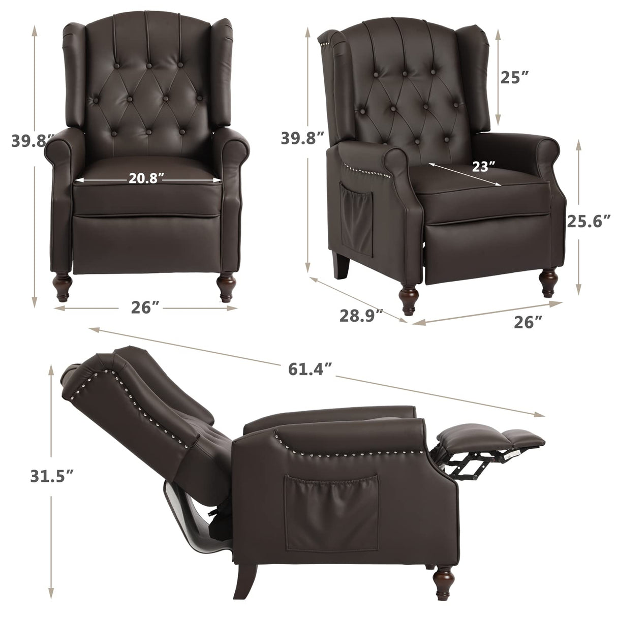 IPKIG Wingback Pushback Recliner Chair - Mid Century Recliner Armchair with Massage and Heat, Rivet Decoration, Button-Tufted Back, Solid Wood Legs for Living Room, Bedroom, Office(Brown) IPKIG