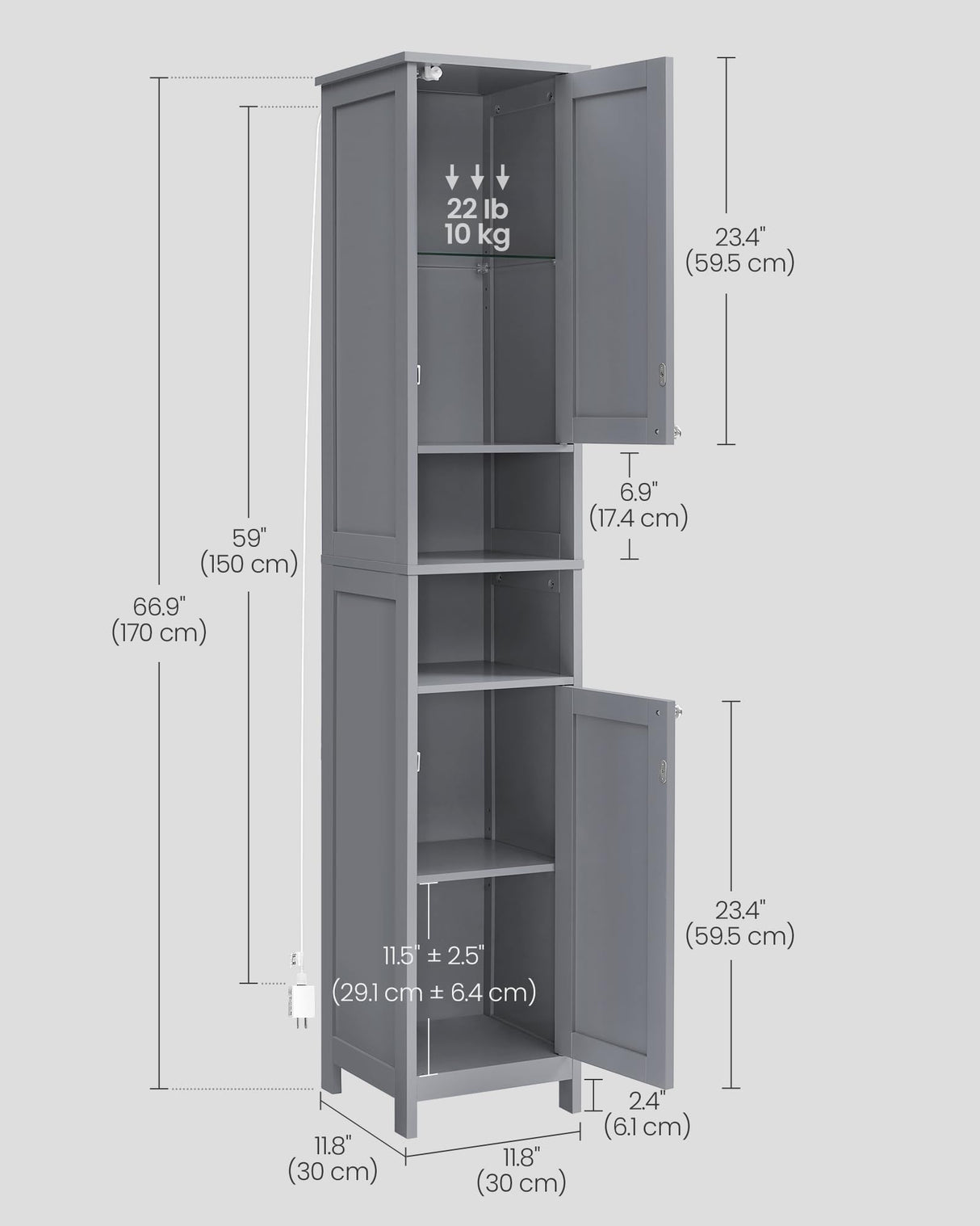 VASAGLE Tall Bathroom Cabinet with Lights, Slim Bathroom Storage Cabinet, Freestanding Narrow Cabinet with Adjustable Shelves, for Small Spaces, Modern, 11.8 Inches Wide, Dove Gray UBBC566G02 VASAGLE