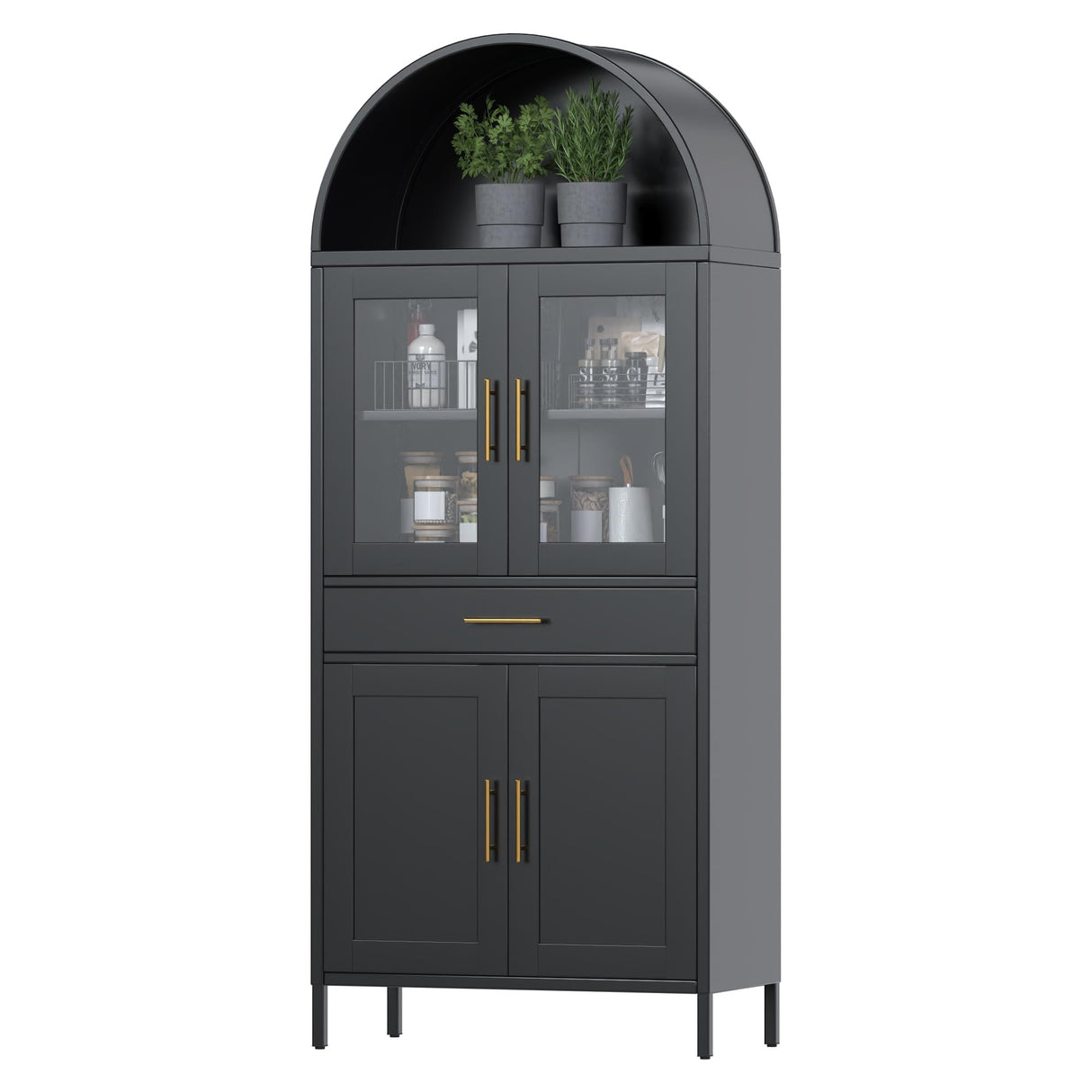 GangMei 73'' Tall Arched Cabinet, Arched Kitchen Pantry Storage Cabinet with Doors/Shelves/Drawers, Modern Arched Bookcase Display Cabinet for Home Office Bar Living Room (Black) GangMei