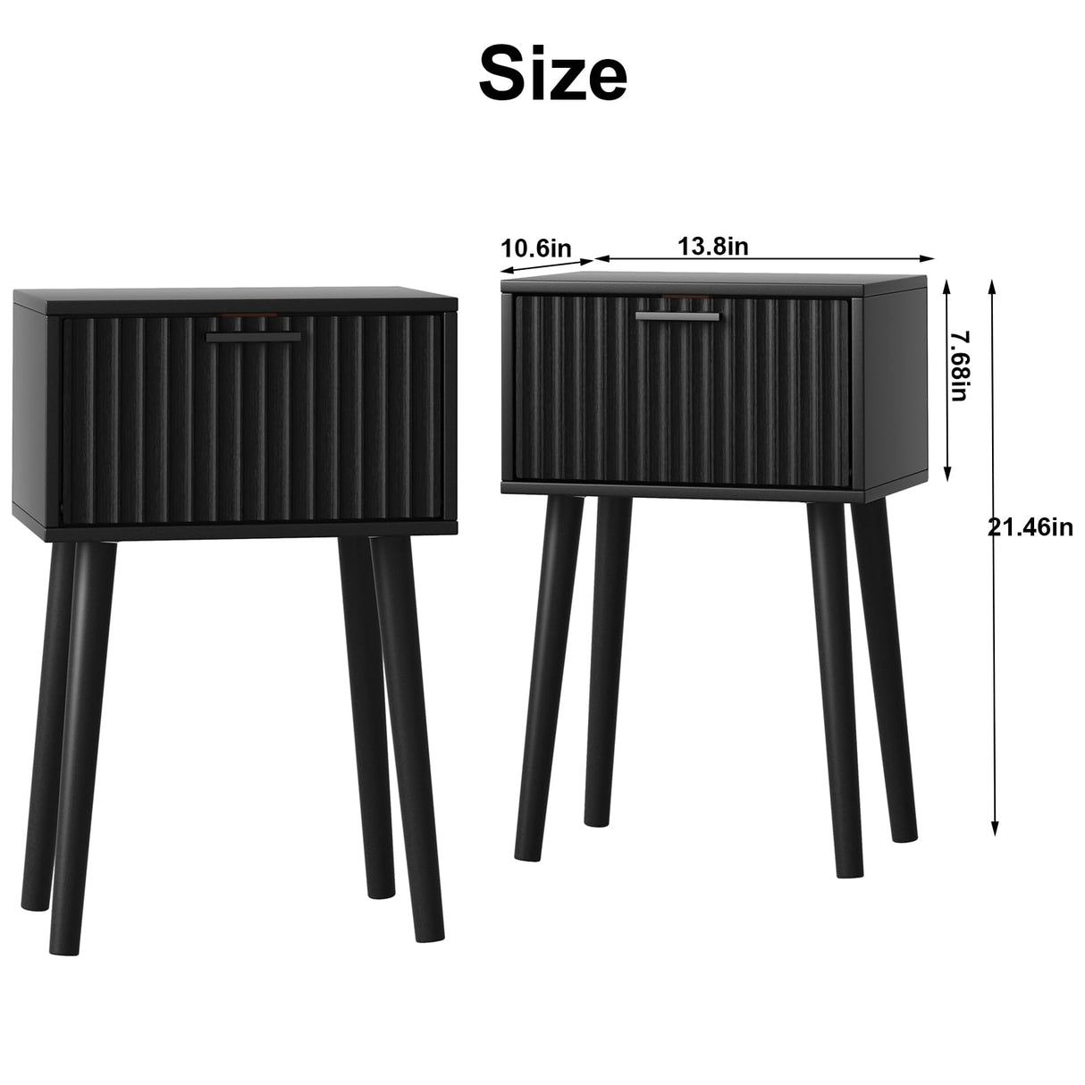 LAATOOREE Nightstands Set of 2, Small Side Table, Bedside Table with Fluted Door, Solid Wood Feet; Modern Mid-Century End Table for Bedroom, Small Space (Black) LAATOOREE