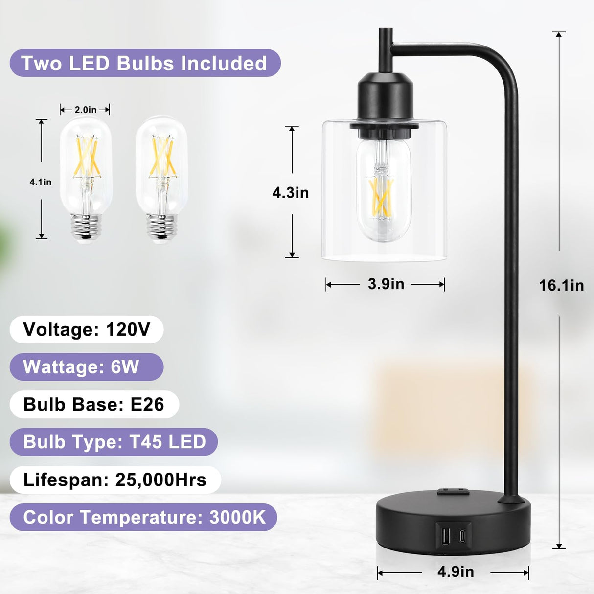 Industrial Touch Table Lamps for Bedrooms Set of 2 - 3-Way Dimmable Nightstand Lamps with USB C+A Ports and Outlet, Black Bedside Lamps with Glass Shade for Living Room, Desk Lamps for Home Office Innqoo