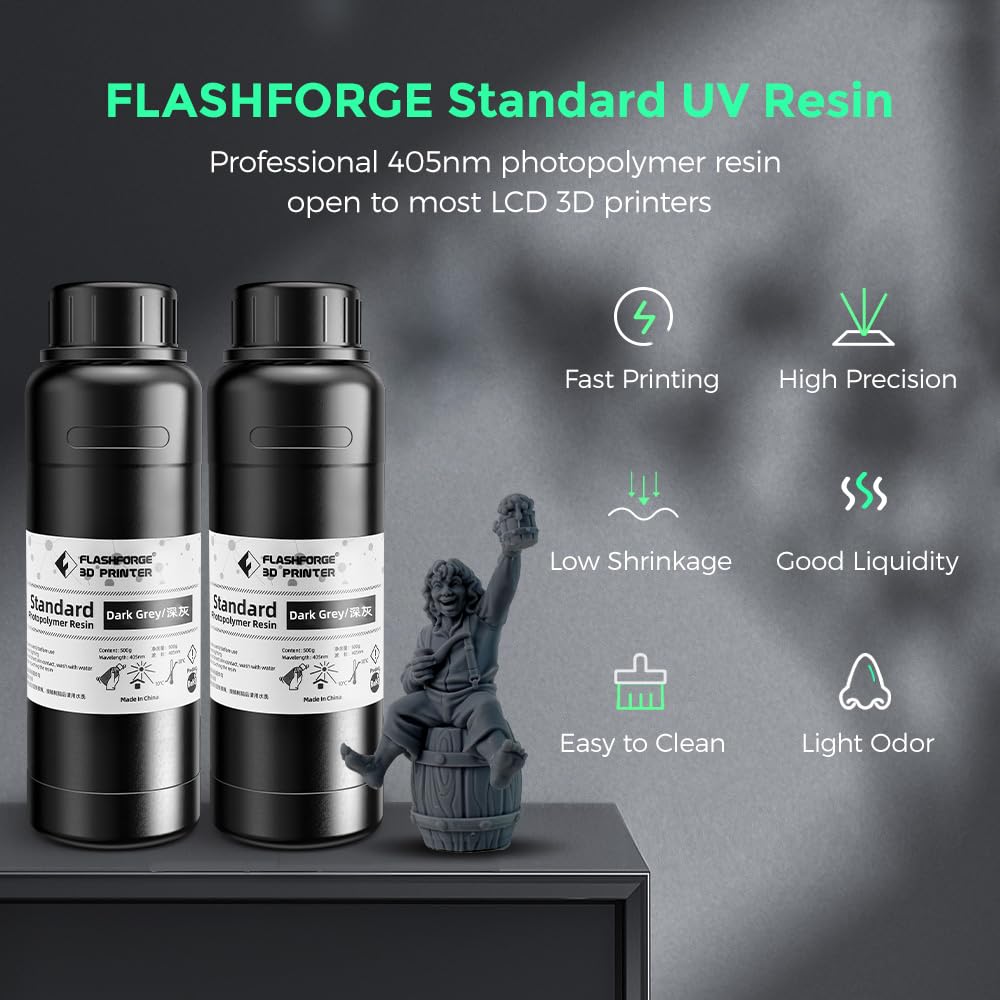 FLASHFORGE 3D Printer Resin, Fast Curing Standard 3D Resin High Precision & Excellent Fluidity with Low Odor, 405nm UV Curing 3D Printing Resin for LCD/DLP/SLA Resin 3D Printer (Dark Grey, 500G) FLASHFORGE