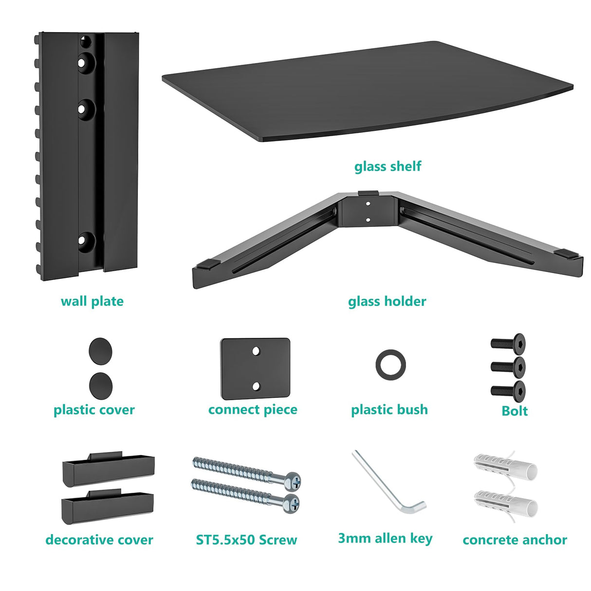 WALI Floating Entertainment Center Shelves, Holds Up to 17.6lbs, TV Shelf with Strengthened Tempered Glasses for DVD Players, Cable Boxes, Games Consoles, TV Accessories (CS201B), 1 Shelf, Black WALI