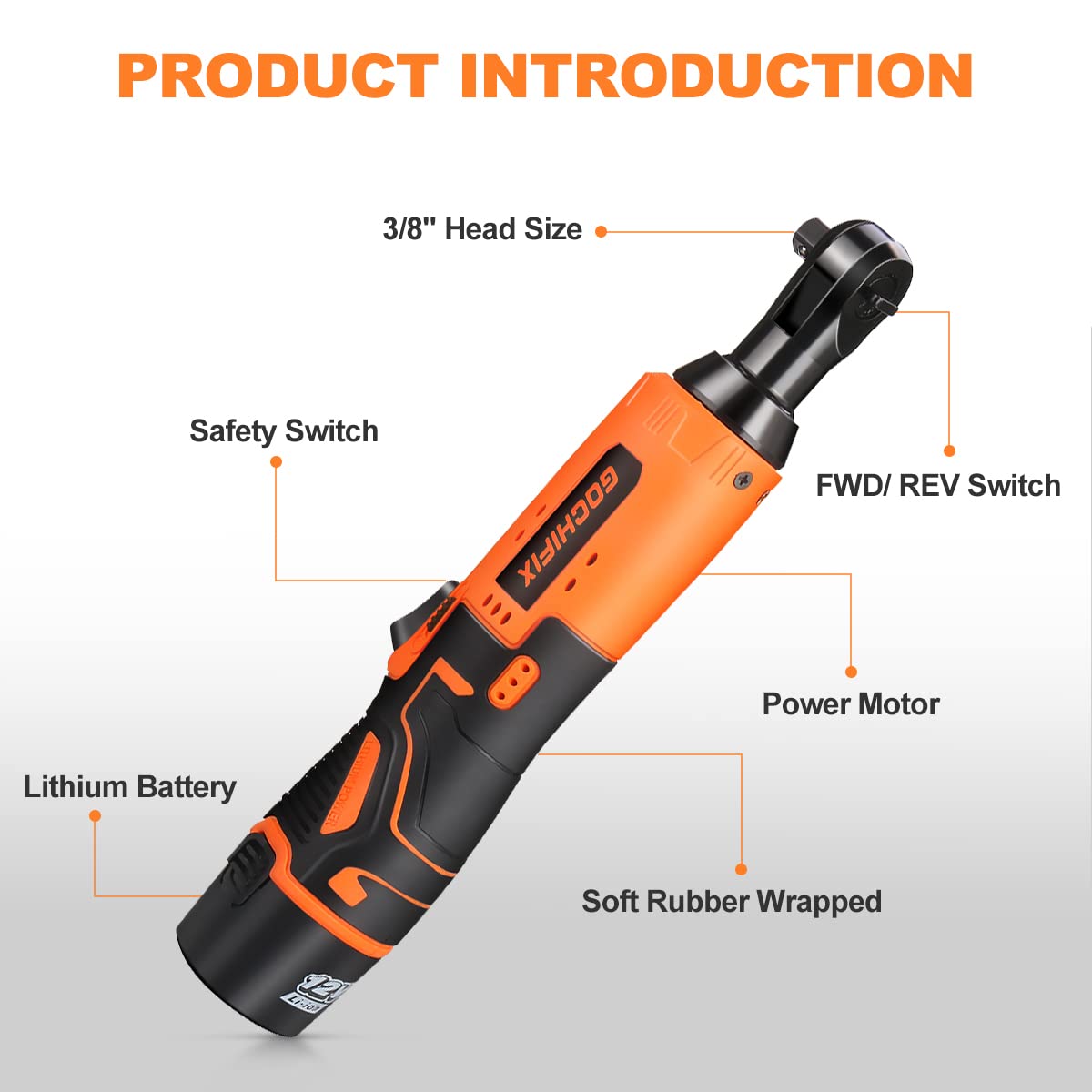 GOCHIFIX 12V Electric Cordless Ratchet Wrench Set 50Ft-lbs Ratchet Wrench with Quick Sleeve Replacement and LED Light GOCHIFIX