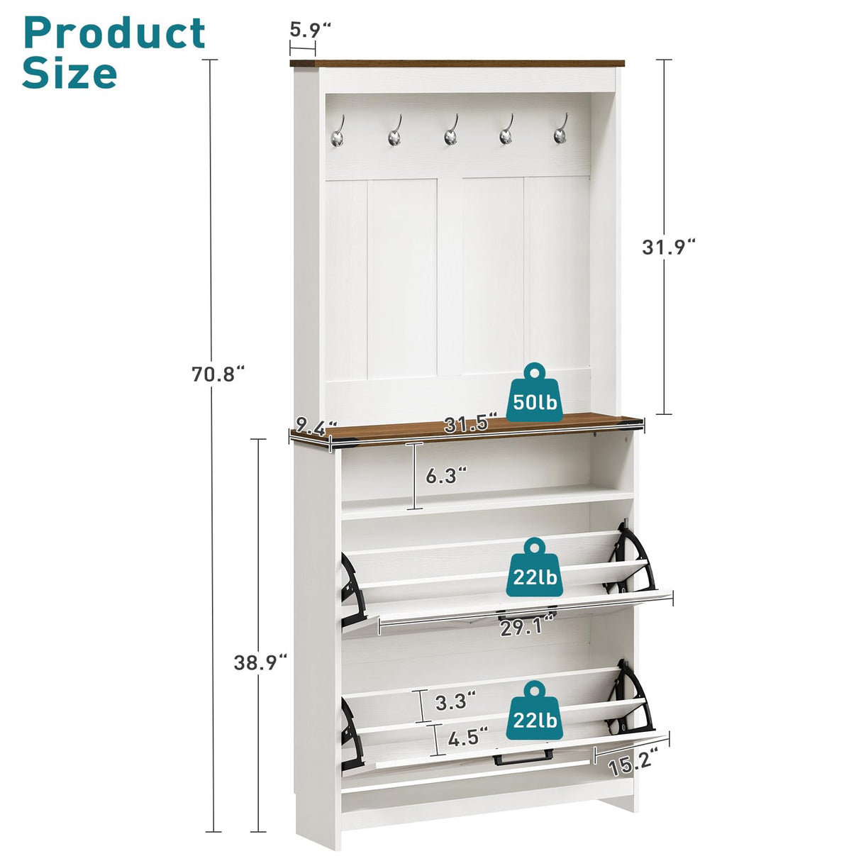 Farmhouse Shoe Cabinet with Coat Rack, Tall Shoe Cabinet with 2 Flip Drawers, Narrow Hidden Shoe Storage Cabinet, 2 in 1 Hall Tree Slim Freestanding Shoe Rack Organizer for Entryway, LED Light, White RALGEND