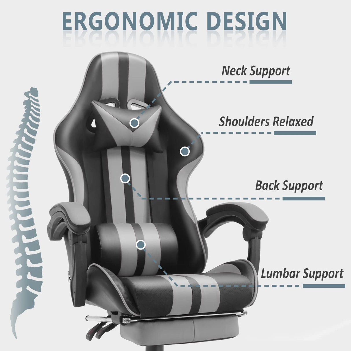 Ferghana Grey Gaming Chairs with Footrest,PC Gaming Chair,Computer Chair, E-Sports Chair,Ergonomic Office Chair with Adjustable Headrest and Lumbar Support(Grey) Ferghana