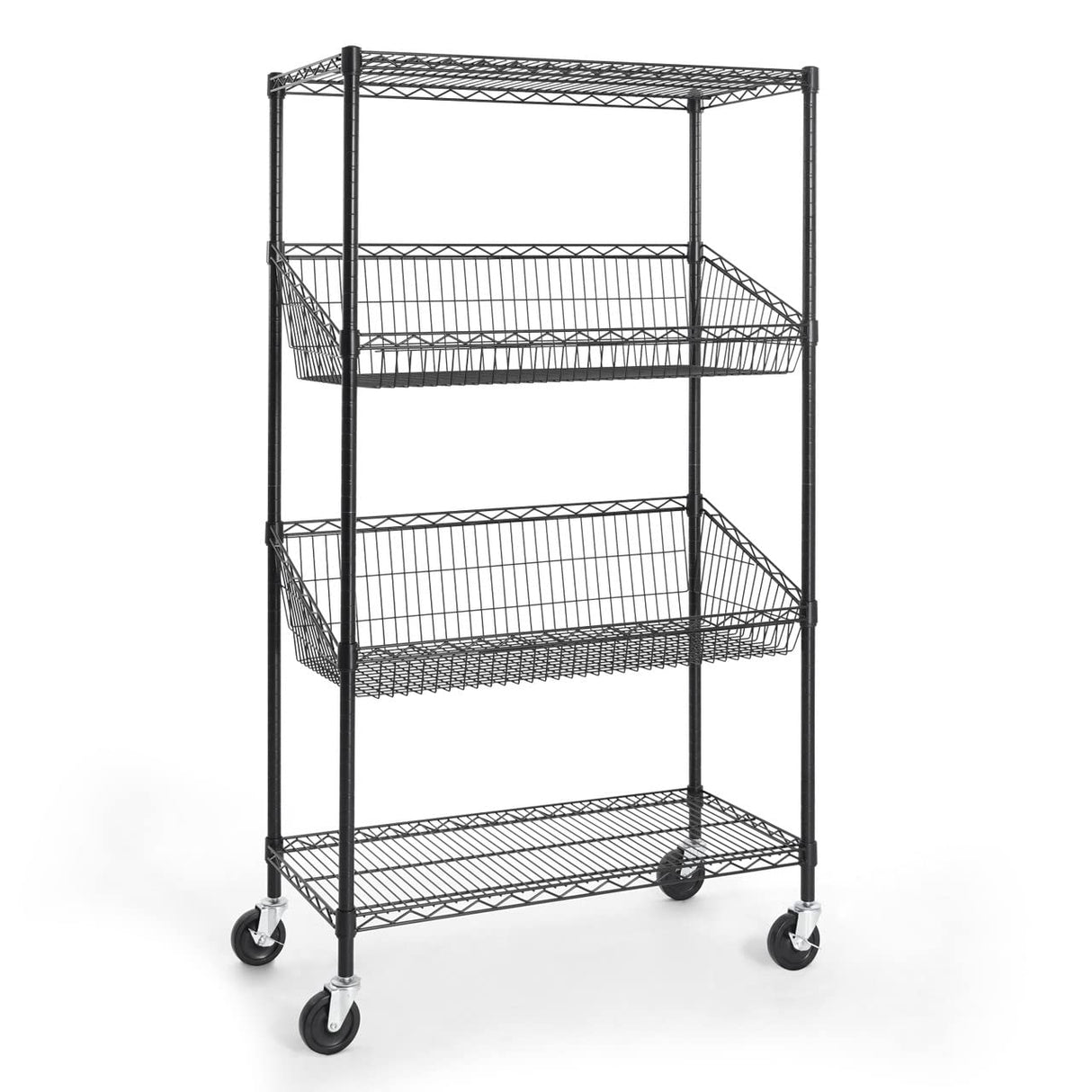 CAPHAUS NSF Commercial Heavy Duty 4 Tier Wire Shelving w/Two Trapezoid Baskets, Wheels, Leveling Feet, Storage Metal Shelf, Basement Garage Shelving Storage, Utility Wire Rack Storage Shelving Black CAPHAUS