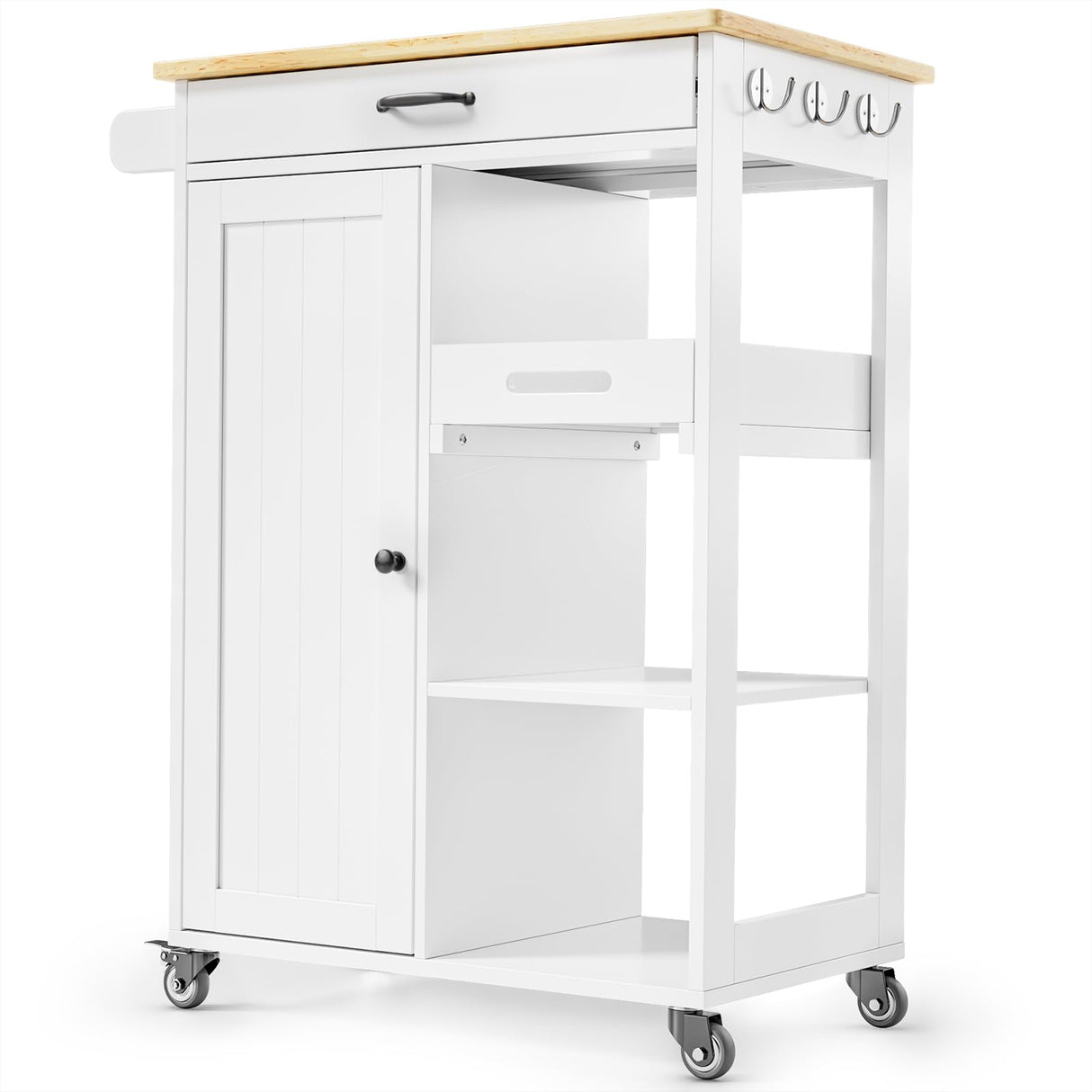 Gizoon Kitchen Island Cart with Removable Tray, 27.6''W Rolling Utility Trolley Cart with Drawer, Cabinet, Towel Rack, Hooks and 3 Open Storage Shelves, Mobile Storage Cart for Dining Room, Bar, White Gizoon