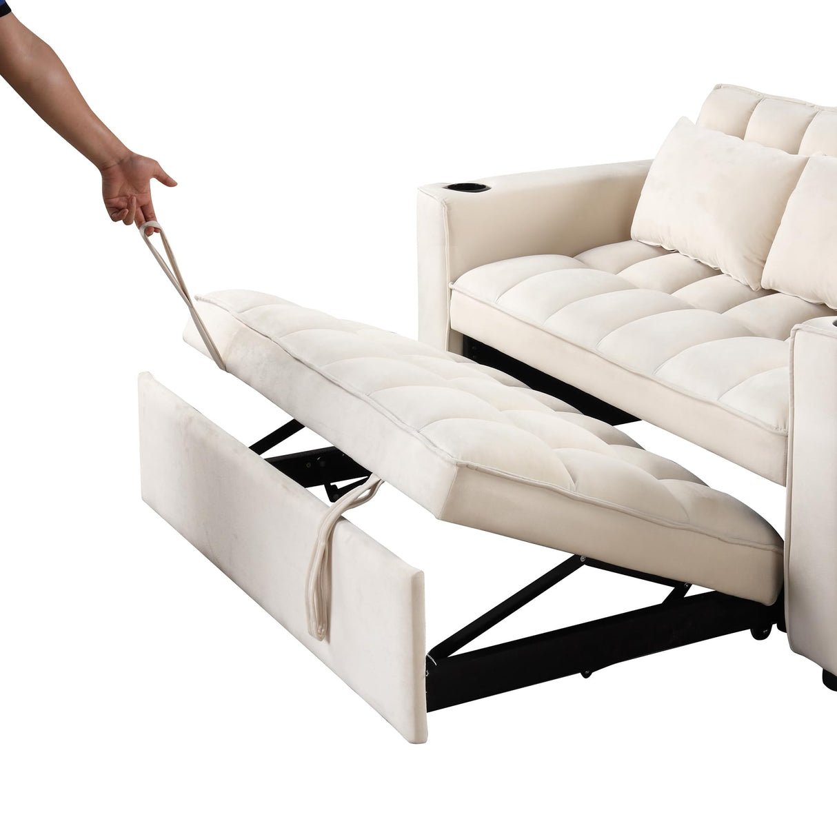 Merax 55.3" Loveseat with Pull Out Bed, Convertible Velvet Sleeper Sofa Bed with Cup Holder & USB Port, 2 Pillows, and Adjustable Backrest for Living Room or Apartments, Cream White Merax