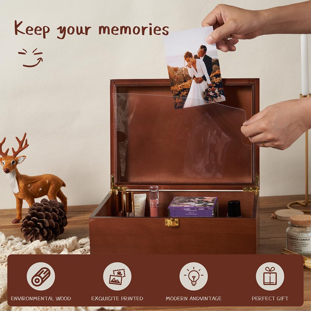 Larger Wooden Memory Keepsake Boxes With Hinged Lids and a photo frame inside the lid - Decorative Storage Box With a Hinge Lids For Picture Letter EVA murmure