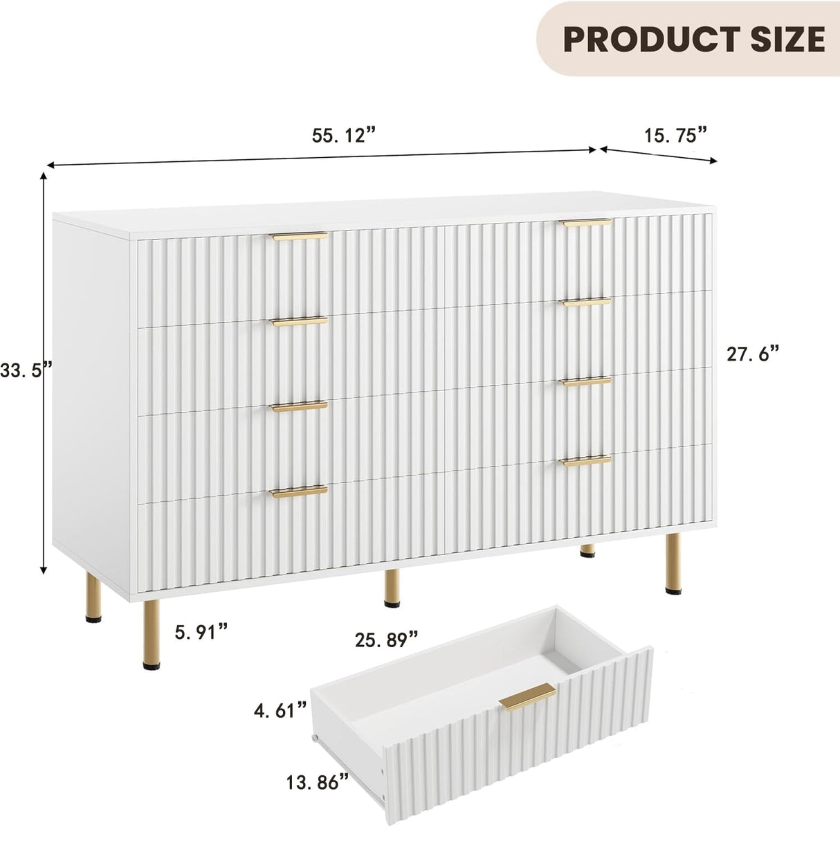 GarveeHome 8 Drawer Dresser for Bedroom, Fluted 55 in Wide Modern Chest of Drawers with Deep Drawers, Wooden Dresser Organizer for Living Room, Hallway, Kids Room, White GarveeHome