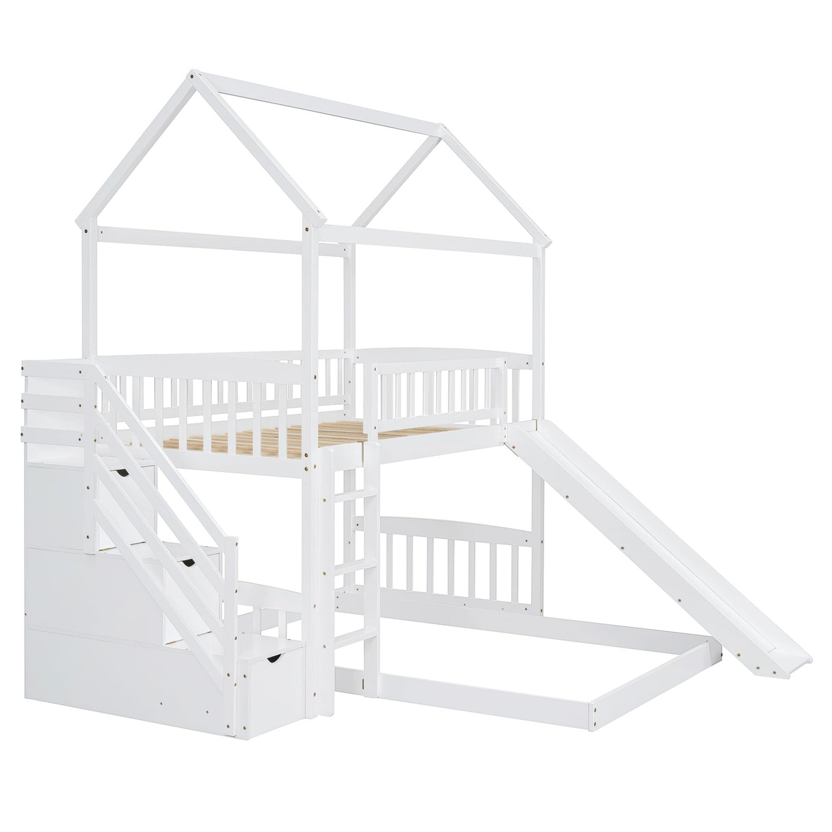 Bunk Bed with Slide, House Bunk Beds Twin Over Full Stairway Bunk Beds Playhouse Bunkbed with Storage for Kids Toddlers Girls/Boys, White Bellemave