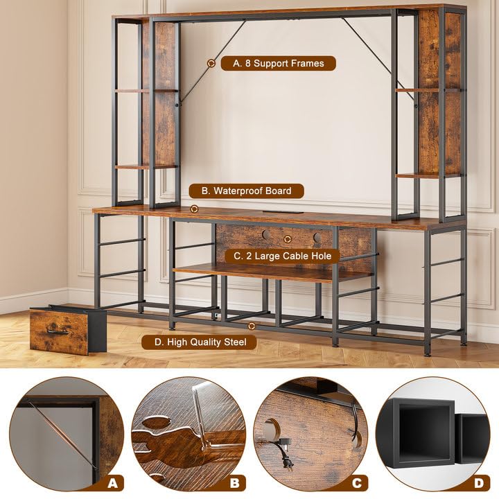 78.6" W TV Stands for Living Room, Large Wall Unit Entertainment Center with 11 Fabric Drawer,Dresser TV Stand with 2 LED Lights & Power Outlets,TV Stand for Bedroom with Storage Shelves,Brown EnHomee