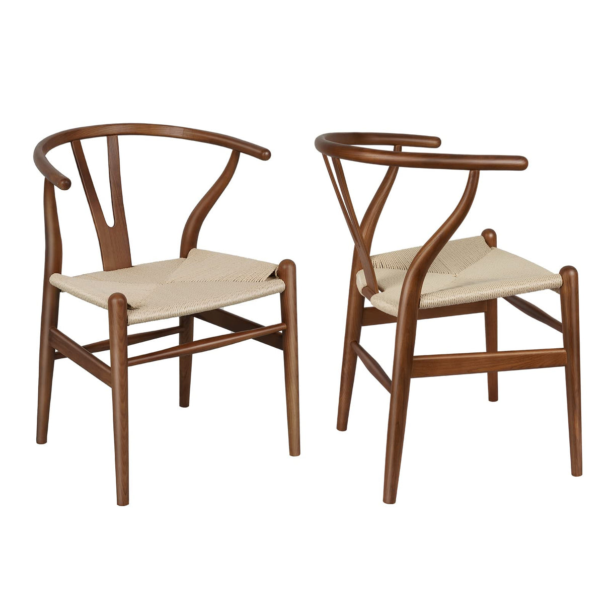 Polynices Wishbone Chair, Weave Solid Wood Mid-Century Modern Y Shaped Backrest Dining Chair (Walnut Set of 2) Polynices