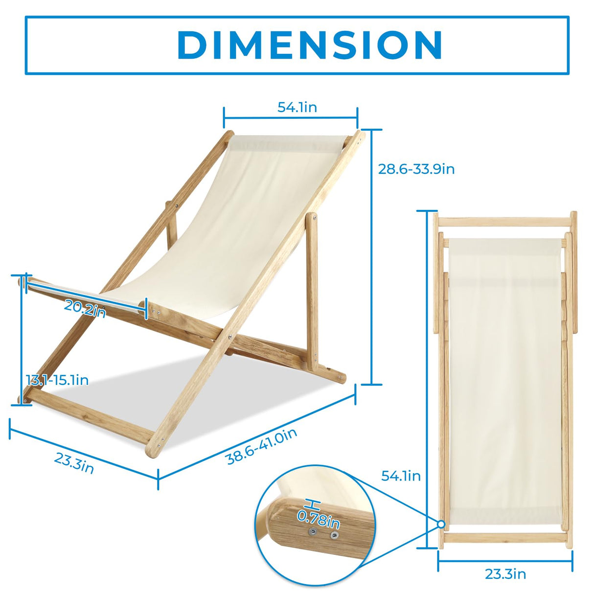 ketive Patio Lounge Chairs Set of 2 Adjustable Outdoor Wooden Sling Chairs, Made of Acacia Wood and Oxford Cloth, 250 lbs Capacity, Foldable and Easy to Carry for Patio and Indoor Use ketive