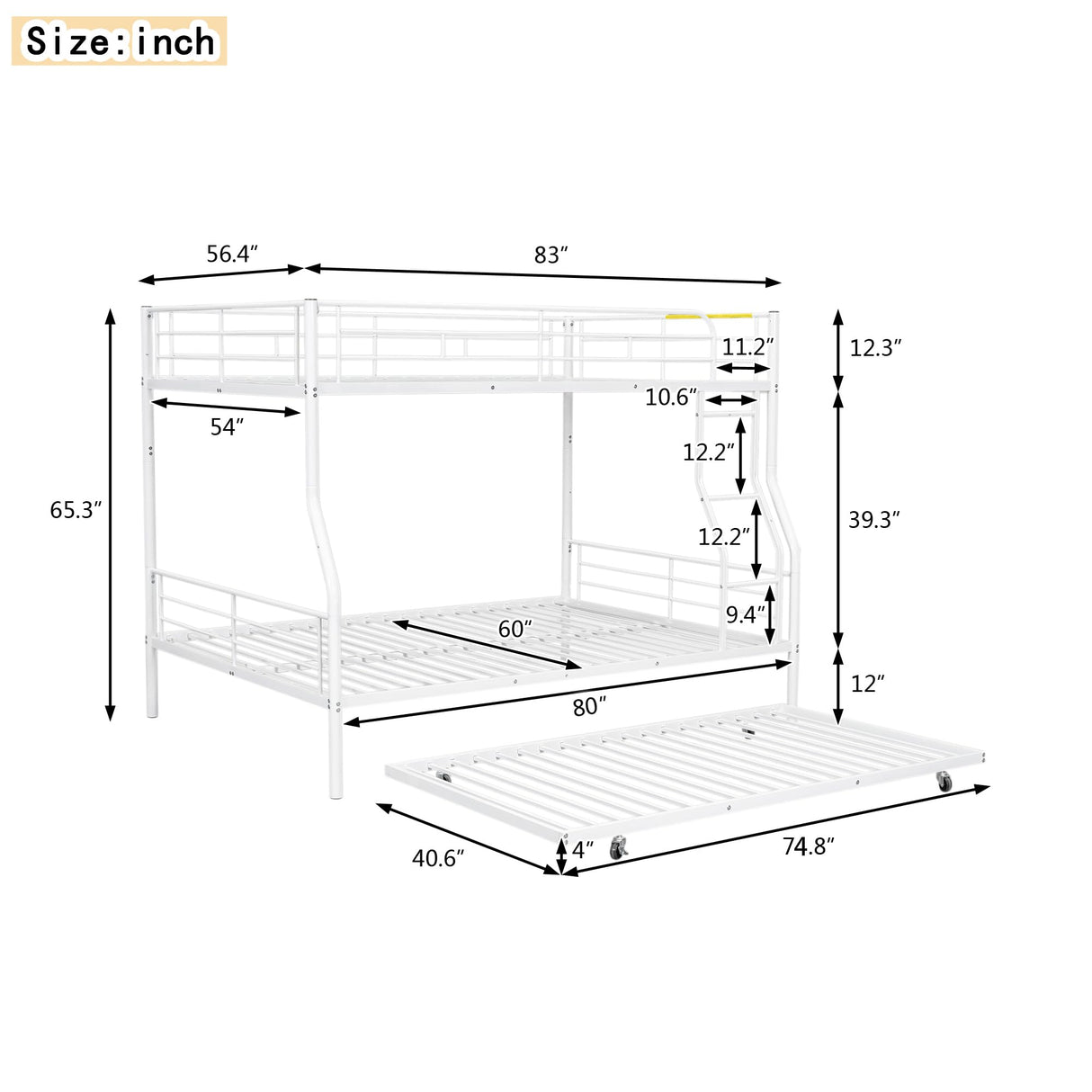 Full XL Over Queen Metal Bunk Bed with Trundle Heavy Duty Beds Frame Convertible Bunkbed with Safety Guard Rails, White Merax