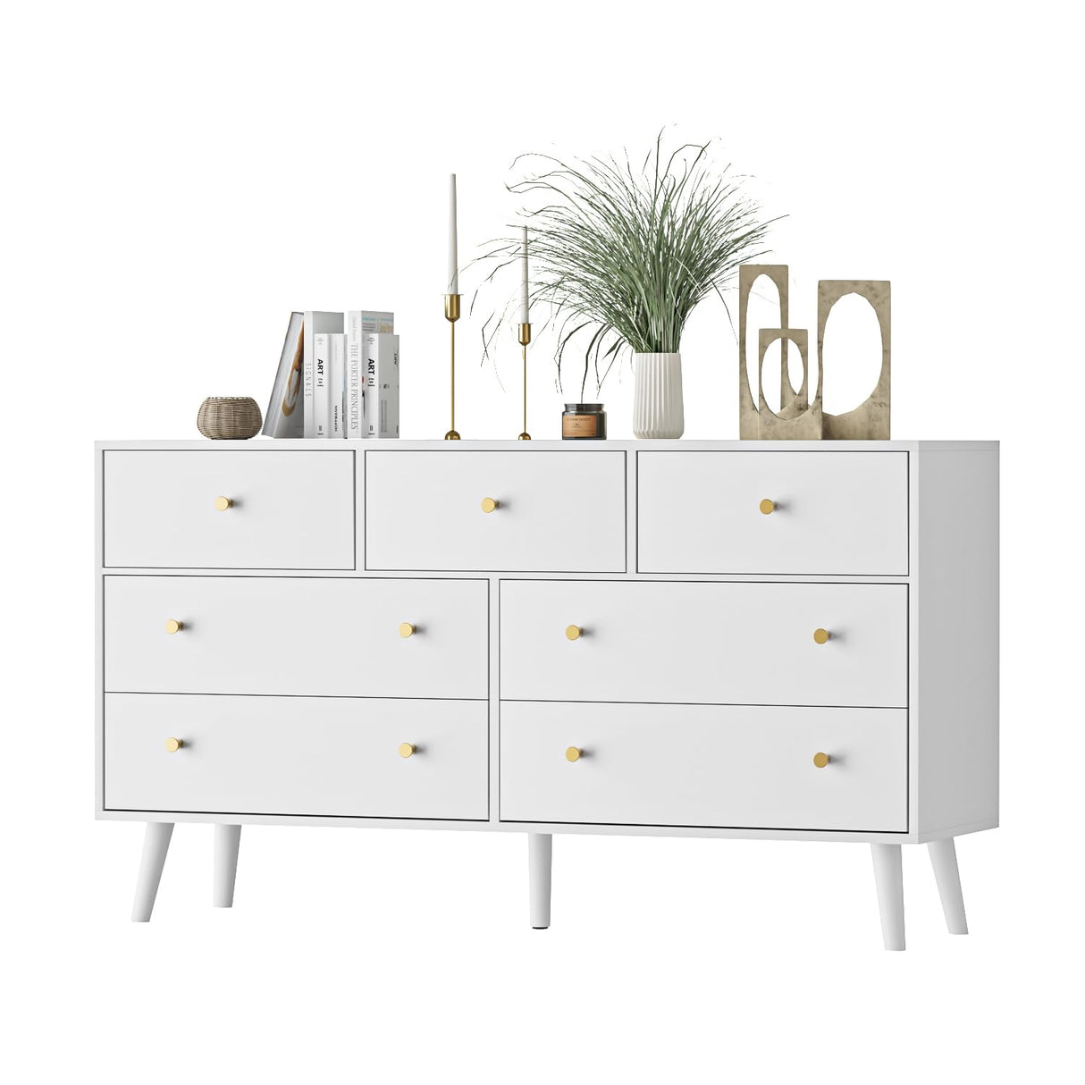 Wananlanen 7 Drawers Dresser for Bedroom, 55'' Dressers & Chests of Drawers with Gold Handles and 7 Large Drawer, Modern Double Wooden Storage Organizer Cabinet, Hallway, White Wananlanen