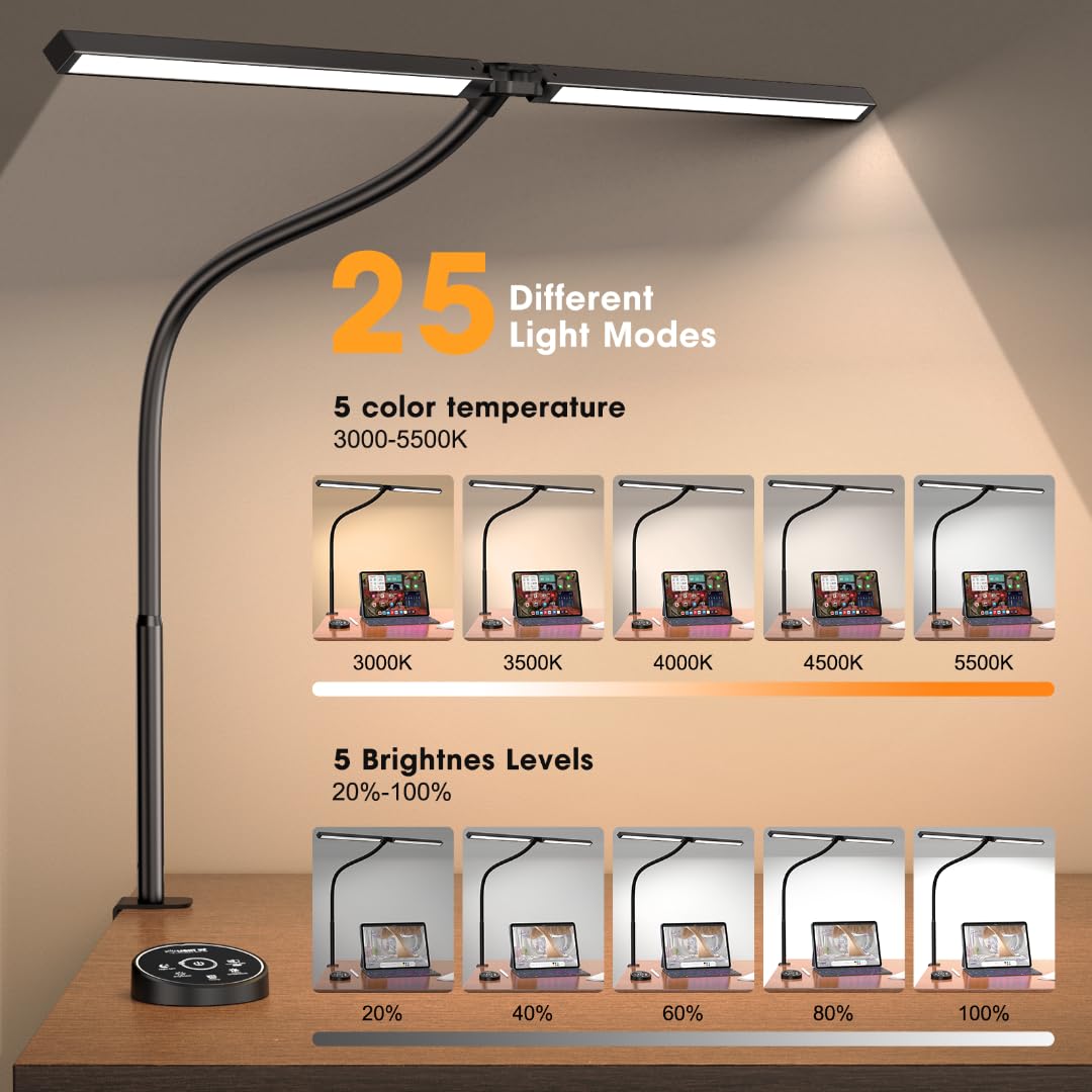 Led Desk Lamp for Office Home - Eye Caring Architect lamp with Clamp,Dual Screen Computer Monitor Gooseneck Smart Light: 24W 5 Color Flexible Adjustable Lighting Table Lamp for Study Drafting Pzloz