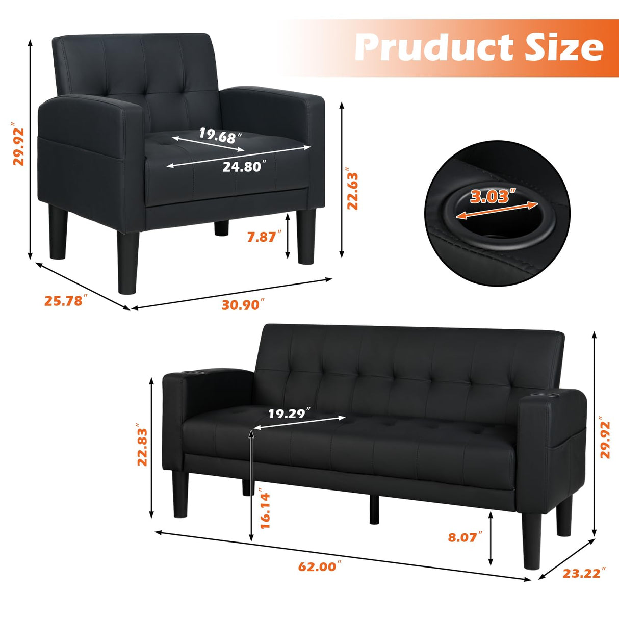 AILEEKISS 3 Piece Living Room Sofa Set Loveseat Sofas Sets with 2 USB,Cup Holders,Side Pocket, Modern Leather 3 Pcs Sectional Couches Set for Apartment, Office, Bedroom (Black, 2-Seat+1-Seat+1-Seat) AILEEKISS