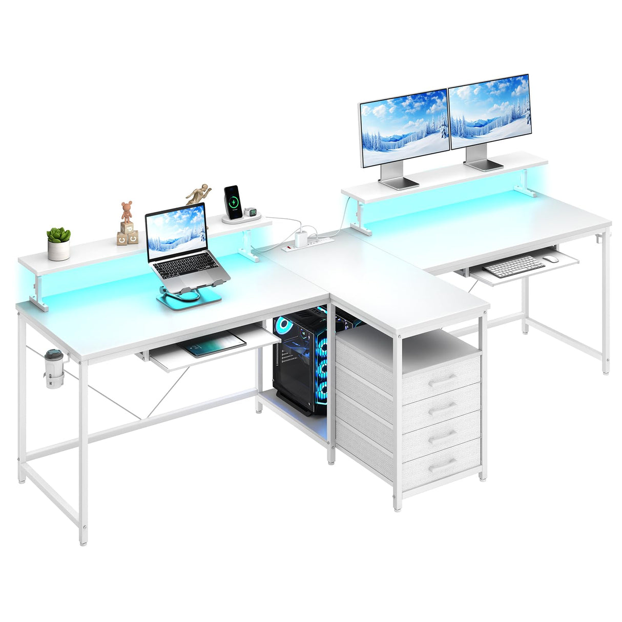 DOMICON 2 Person Desk with Power Outlet & LED Lights, Extra Long 94.5 Inch Computer Desk with Storage Shelves and Monitor Stand for Home Office, Double Gaming Desk, White DOMICON