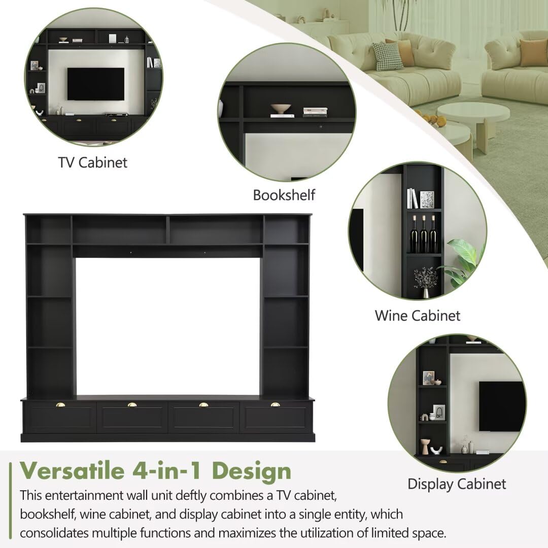 JIJIWANG Large Wall Unit Entertainment Center with Bookshelves for TVs Up to 78'', Modern TV Console with Cabinets and Open Shelves, 4-in-1 TV Stand with Golden Handles, Black, 104.2''W*81.2''H JIJIWANG