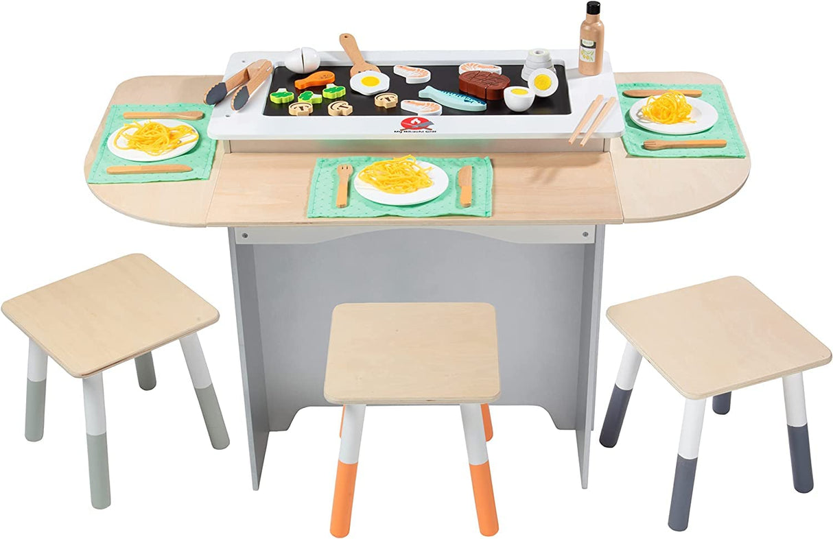 Hibachi Grill Wooden Kids Playset w/ Stools, Table Settings and Over 25 Toy Food Pieces - Noodles, Tongs, Meats, Veggies - Everything Your Little Chef Needs for Pretend Play Indoor Japanese Restaurant Svan