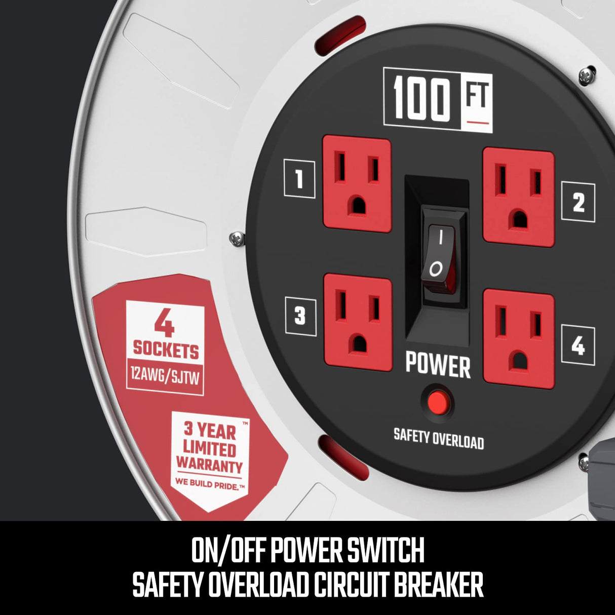 CRAFTSMAN 100 Ft. Contractor Retractable Extension Cord Reel With 4 Outlets & Heavy Duty 12AWG SJTW Cable CRAFTSMAN