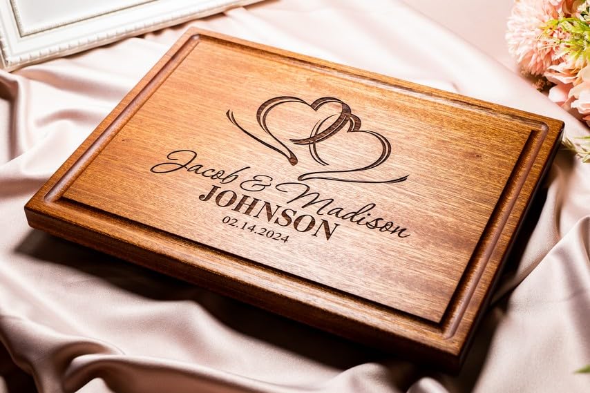 Personalized Cutting Board, Custom Wedding, Anniversary or Housewarming Gift Idea, Wood Engraved Charcuterie, for Newlyweds and Couples, Two Hearts Design 027 Wedding Gift Boutique