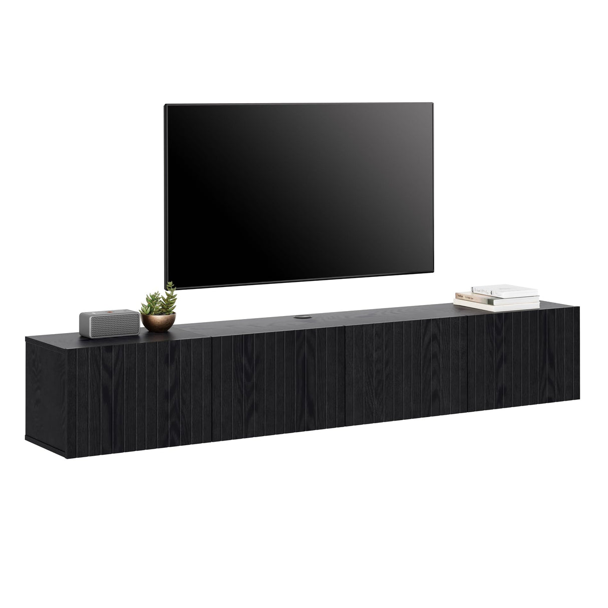 FITUEYES Large Floating TV Shelf Wood Media Entertainment Center,Wall Mounted Shelf with 3 Fluted Doors for TVs up to 80",Floating Storage Cabinet Under TV for Living Room, Bedroom,Black FITUEYES