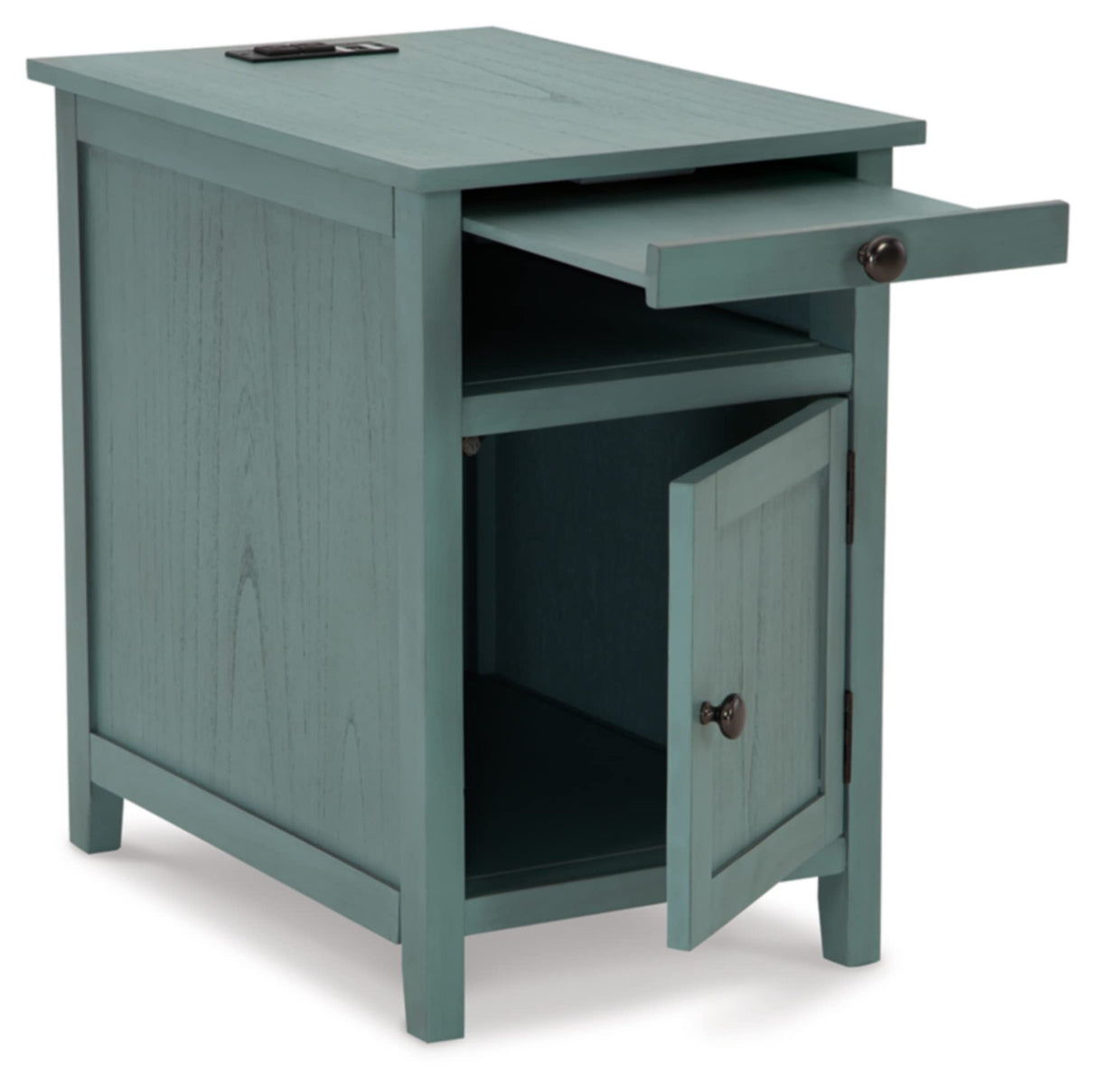 Signature Design by Ashley Treytown Casual Compact Chairside End Table with a Storage Cabinet, Open Cubby Shelf, Pull-Out Tray & USB Charging Ports, Blue Signature Design by Ashley