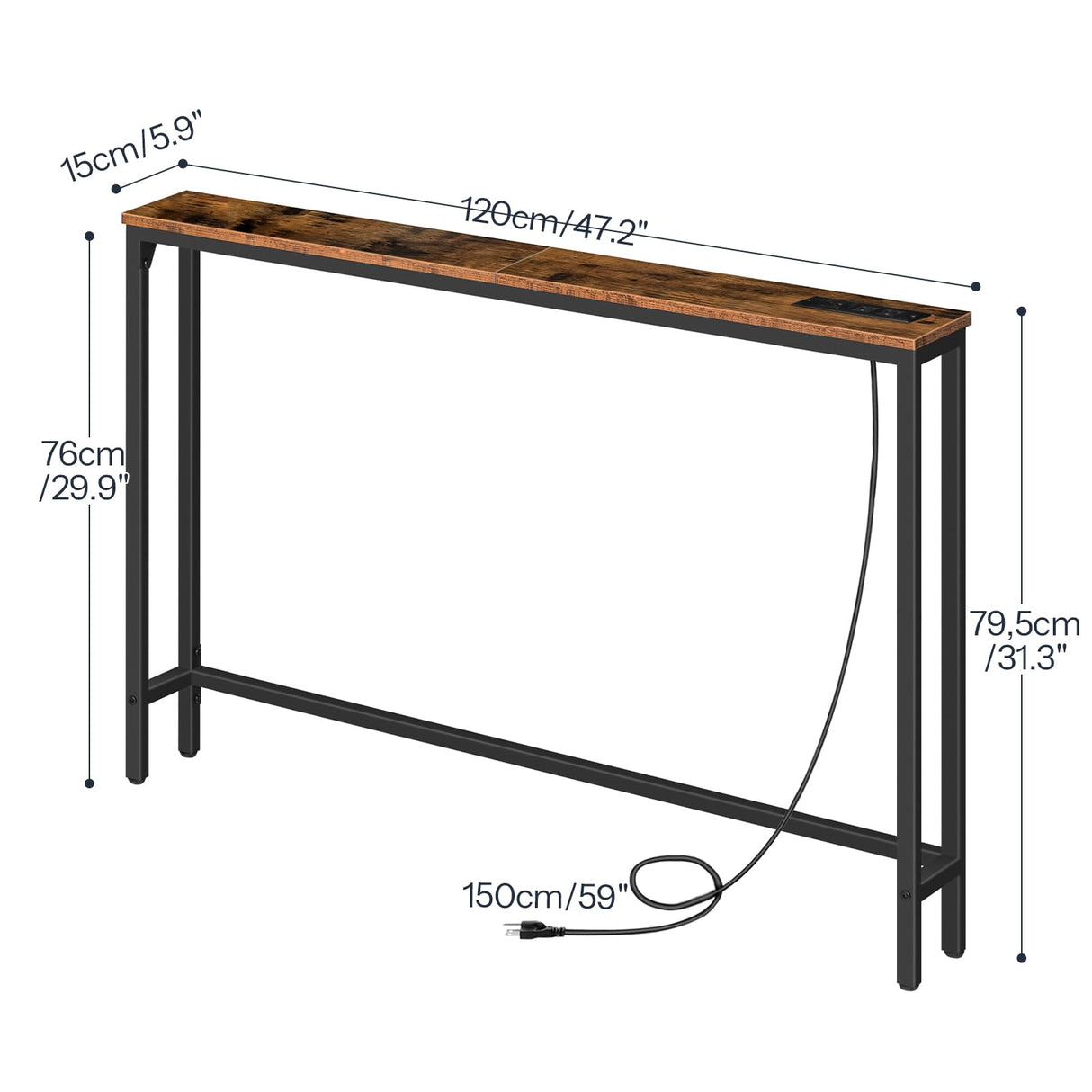 HOOBRO 47.2" Skinny Console Table with Power Outlets and USB Ports, Table with Charging Station, Narrow Sofa Table, Behind Couch Table, for Entryway, Hallway, Foyer, Rustic Brown BF15XG01G1 HOOBRO