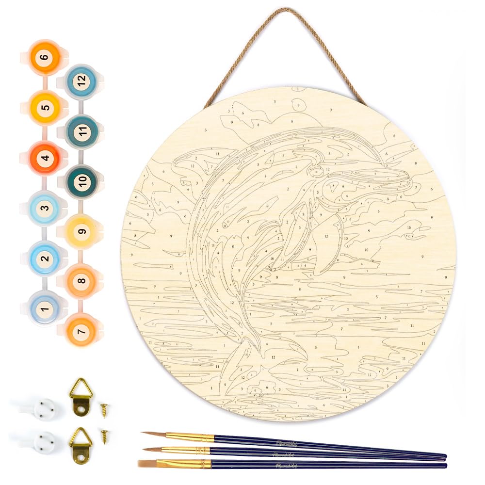 Figured'Art Paint by Numbers Kit for Adults on Wood Slice, 11.8in Diameter - Dolphin - Craft Art Painting DIY Canvas Figured'Art