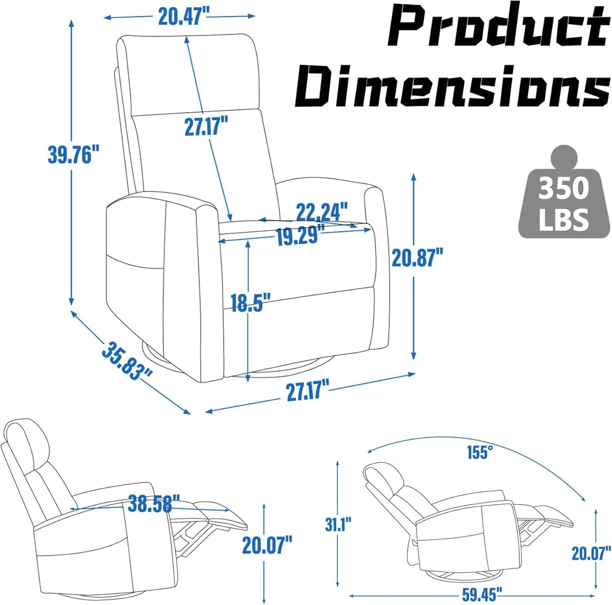 Massage Chair Recliner with Heat, Swivel Rocking Chair Recliner with High Back, Manual Nursery Recliners for Adults,Small Recliner Chair for Small Spaces, Living Room Bedroom, Fabric (Blue Green) Thctvous