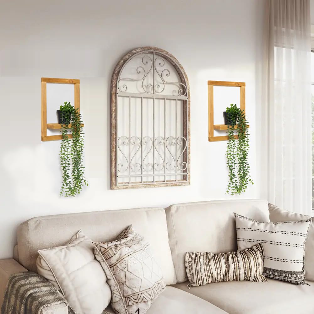 Mokof 2 Pack Wooden Shelves with Fake Hanging Plants for Wall Decor, Modern Farmhouse Wood Wall Art for Living Room, Bathroom (Light Brown) Mokof