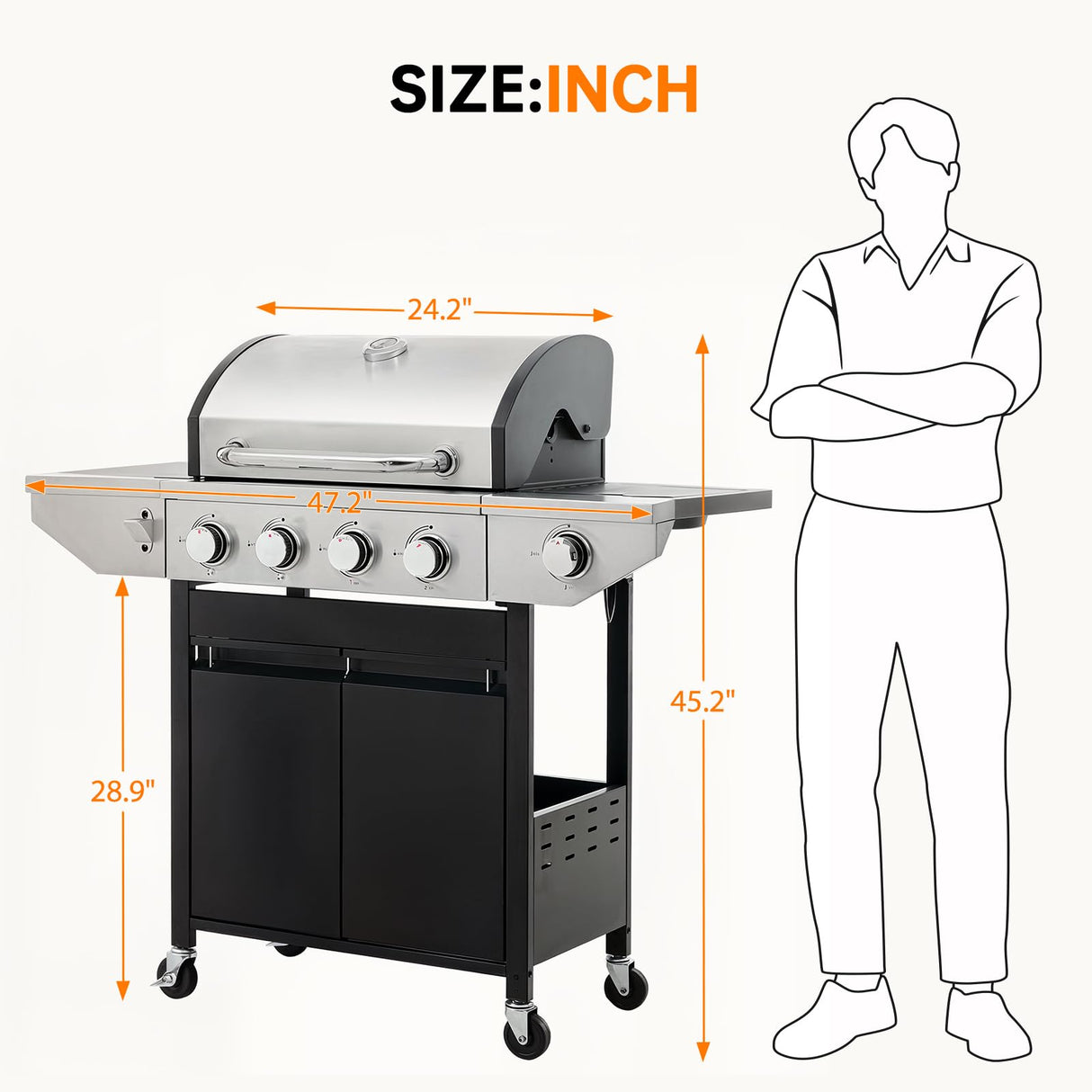 YIORTWO 4 Burner Propane Gas Grill with Side Burner, Stainless Steel BBQ Grill 48,500 BTU for Outdoor Cooking Kitchen, Garden and Patio Backyard Barbecue, Black and Silver YIORTWO