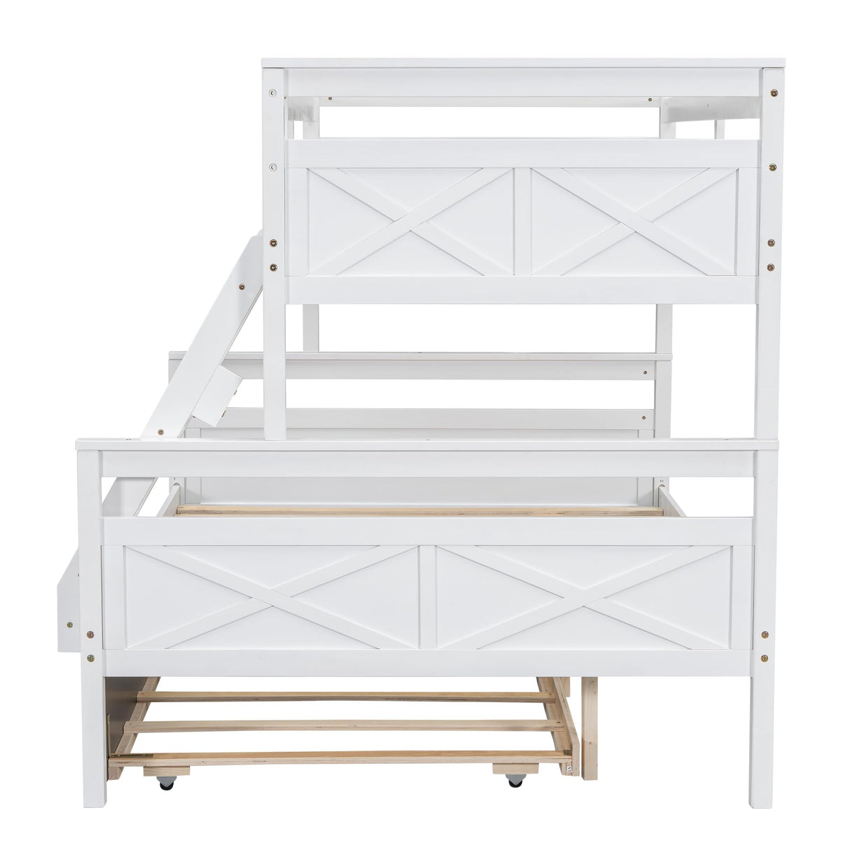 Merax Trundle Bunk Bed, Twin Over Full Wood Bunk Bed with Twin Size Trundle, Solid Wood Bunk Bed Frame with Guardrail and Ladder, White Merax
