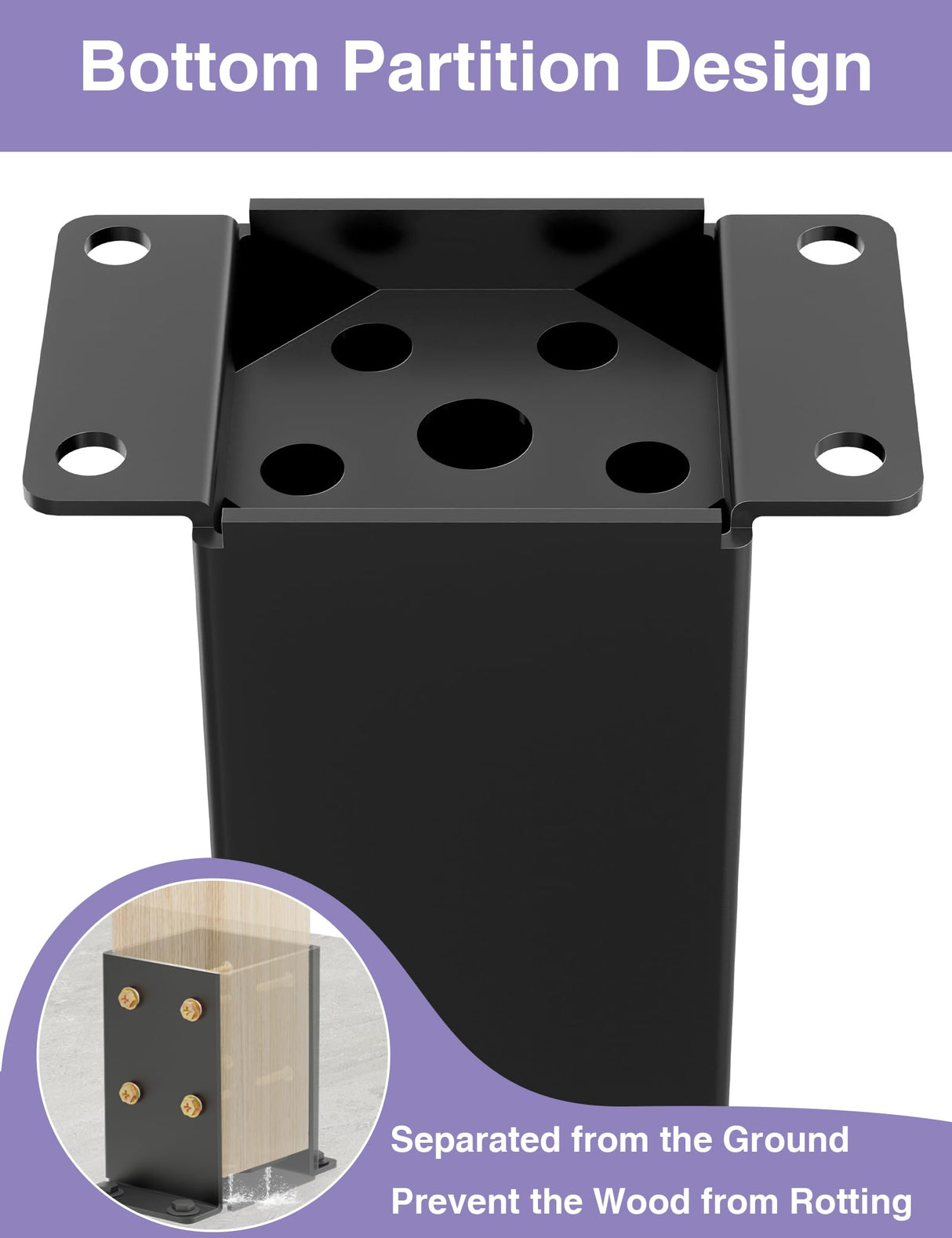 4 PCS Metal 4×4 Post Base, Inner Size 3.5"x3.5" Heavy Duty Post Bracket with Anti-Corrosive Partition, Powder-Coated Post Anchor for Pavilion Deck Railing Support Deck Base Plate PGGP