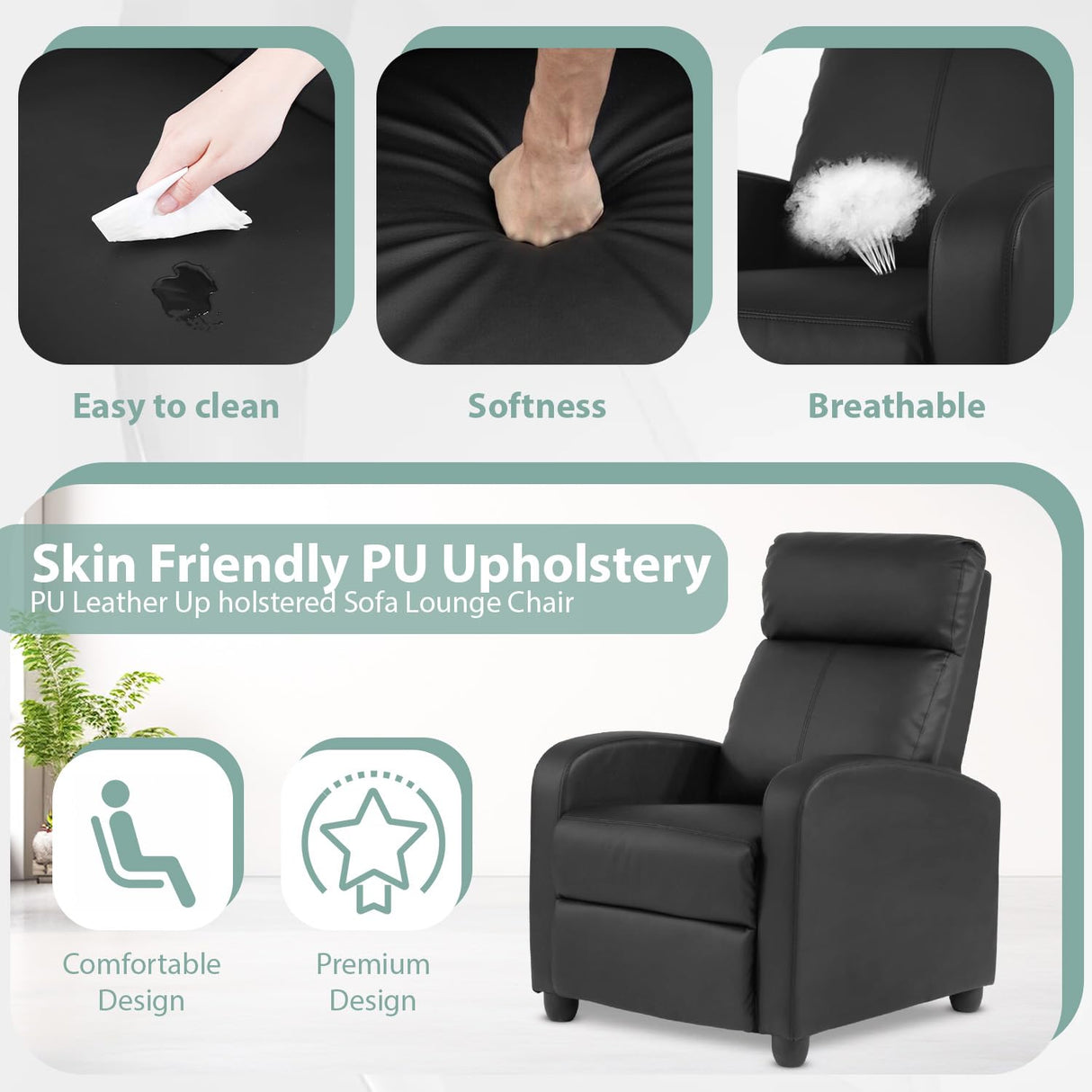 Ruesleag Recliner Chair Recliner Sofa Modern Reclining Chair w/Footrest Backrest Breathable Padded PU Leather Single Sofa Home Theater Seating Reclining Easy Lounge for Living Room Bedroom,Black Ruesleag