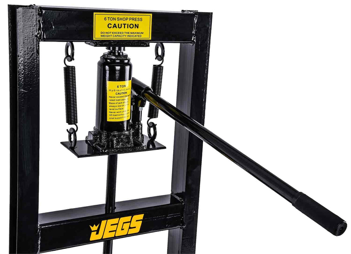 JEGS 6 Ton Hydraulic Shop Press - Lever-Action, Bench Top Hydraulic Press - Up to 18-Inch Working Range - Includes 2 Press Plates - Back Steel with JEGS Logo JEGS