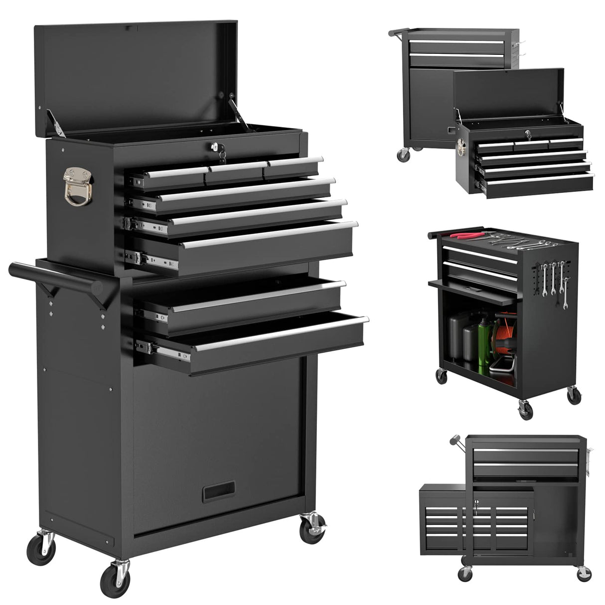 8 Drawers Rolling Tool Chest with Drawers, High Capacity Toolbox on Wheels, Lockable Drawers Tool Box Organization and Storage, Tool Cabinets on Wheels for Garage and Repair Shop(Black) Cobinery