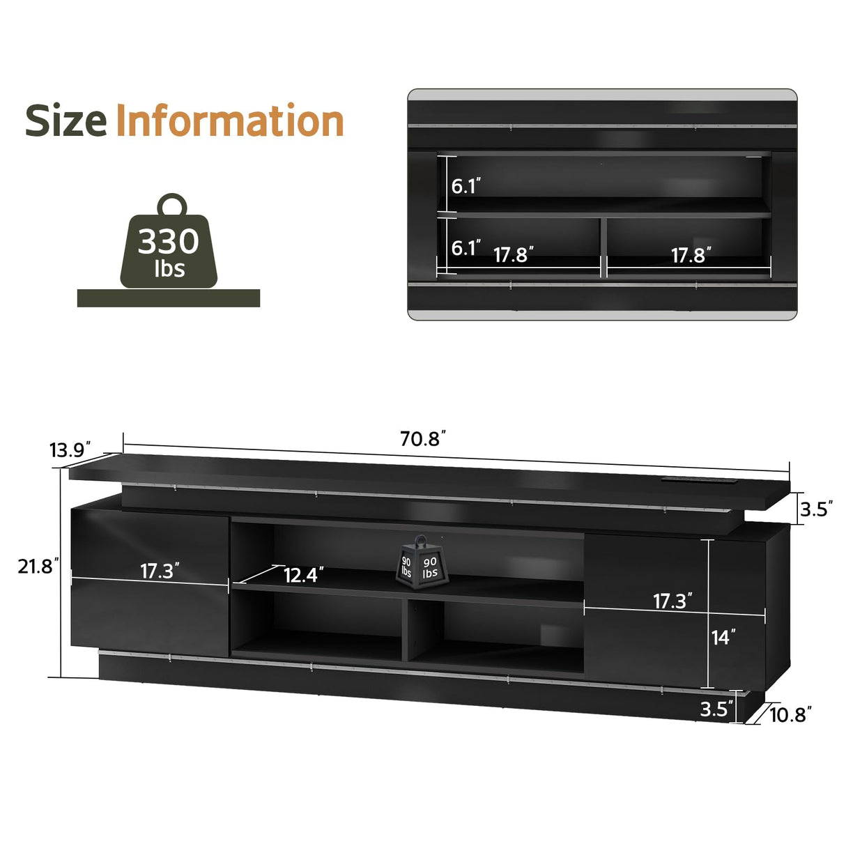 Lamtor 70 Inch TV-Stand - Television Stands for 75 80 85 Inch TV - 2 Tier Entertainment Center with 4 AC Outlets & 2 Smart RGB LED Light Strips - Media Console Table for Living Room, Pure Black Lamtor