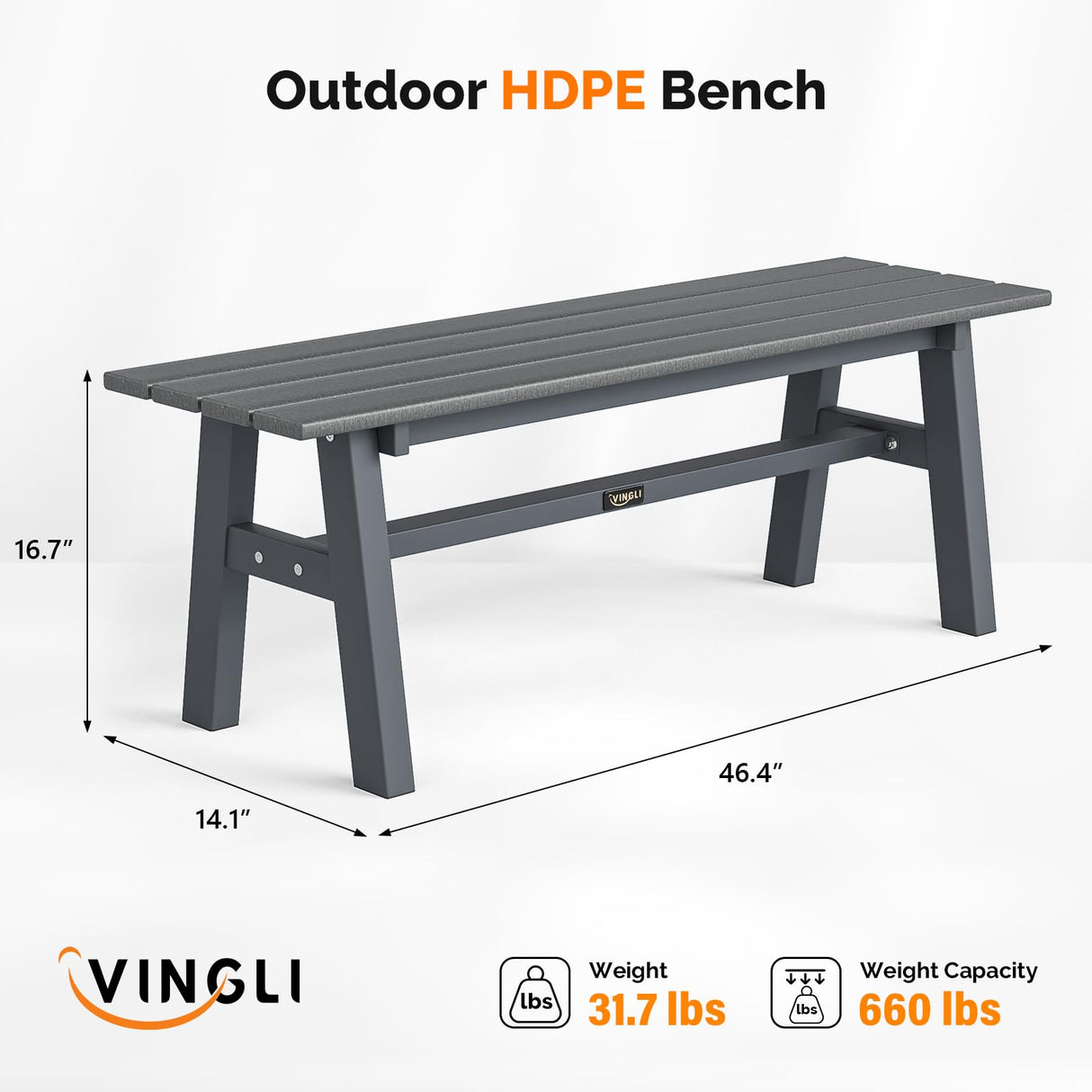 VINGLI 47” Outdoor Bench Garden Bench HDPE Porch Bench w/Metal Legs, Poly Lumber Patio Bench, 660 LBS Capacity Outdoor Backless Bench(Grey) VINGLI