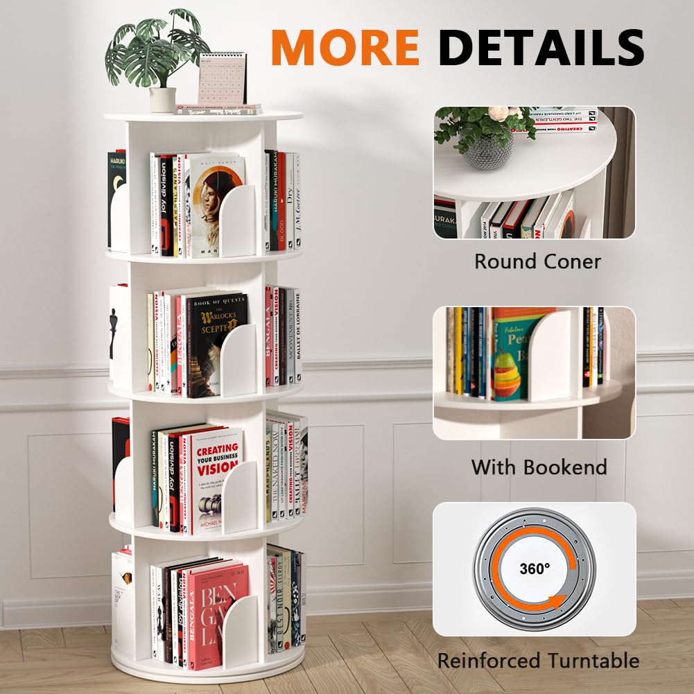 Nidouillet Rotating Bookshelf, 4 Tier Spinning Bookcase Tower Lazy Susan, Revolving 360 Book Shelf Storage Round Organizer, Vertical Rotate Turning Corner Book Case for Small Space, White Nidouillet
