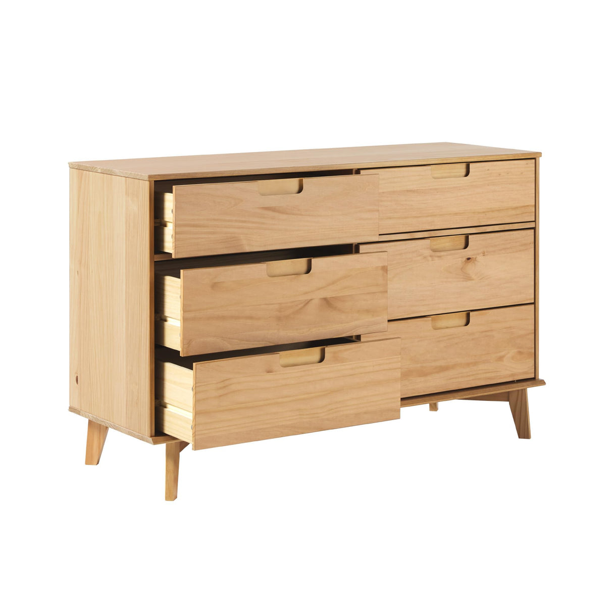 Walker Edison Mid-Century Modern Grooved Handle Wood 6-Drawer Dresser, 52 Inch, Natural Pine Walker Edision